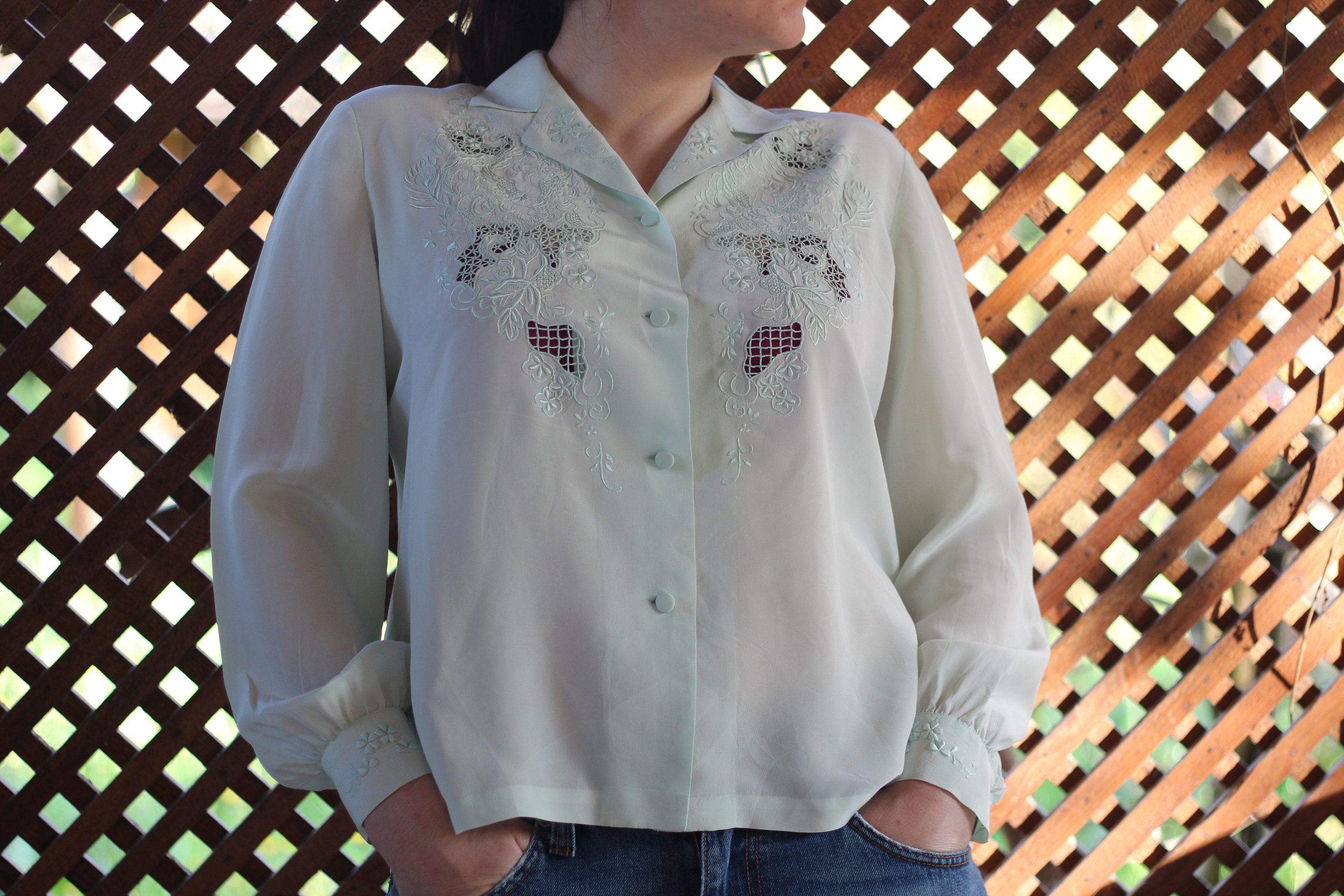 Vintage Belgium Lace Pure Silk Blouse Battenburg Lace Cream Hand Embroidered One Of A Kind Cut Out Flower Embroidered Shirt
