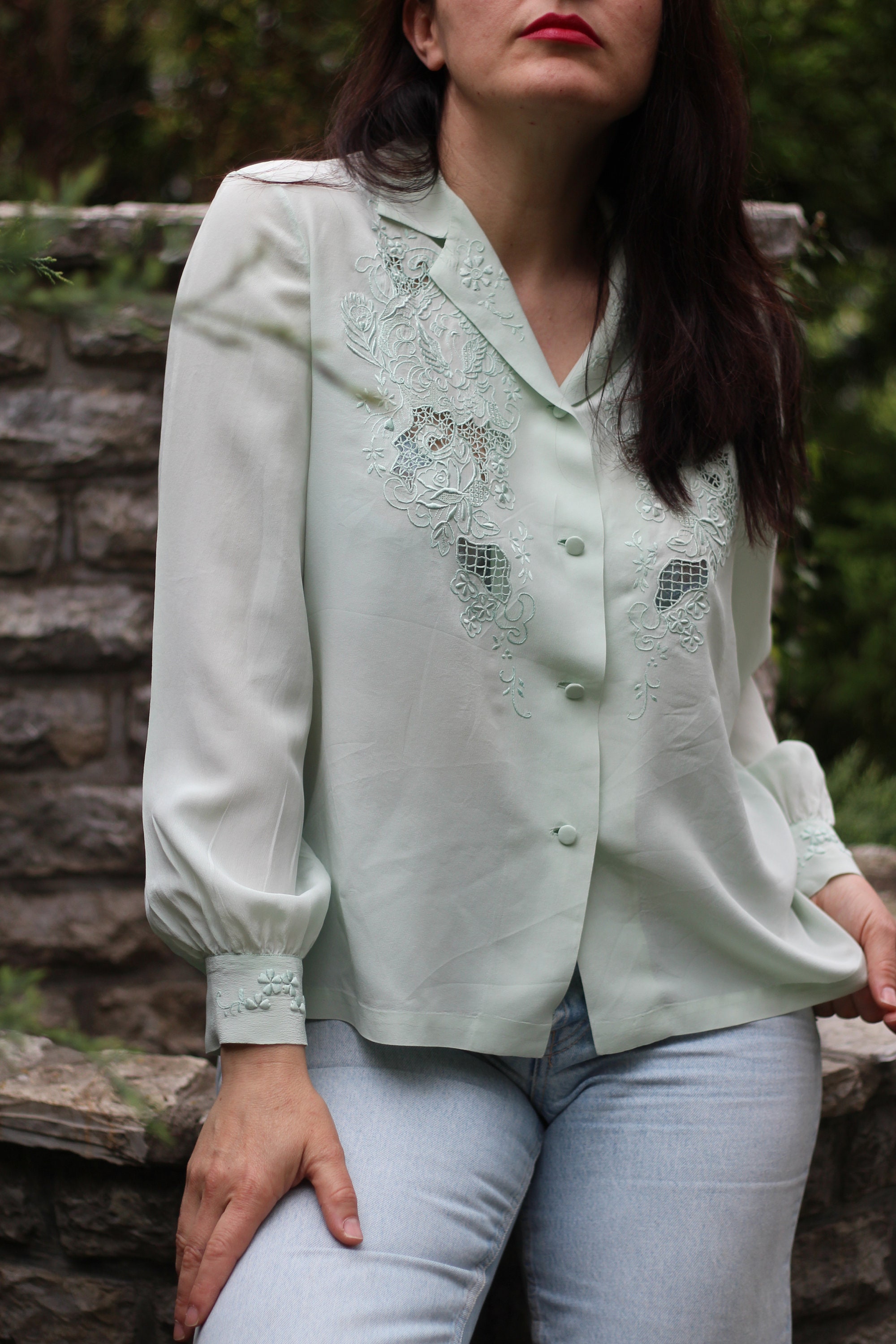 Vintage Belgium Lace Pure Silk Blouse Battenburg Lace Cream Hand Embroidered One Of A Kind Cut Out Flower Embroidered Shirt