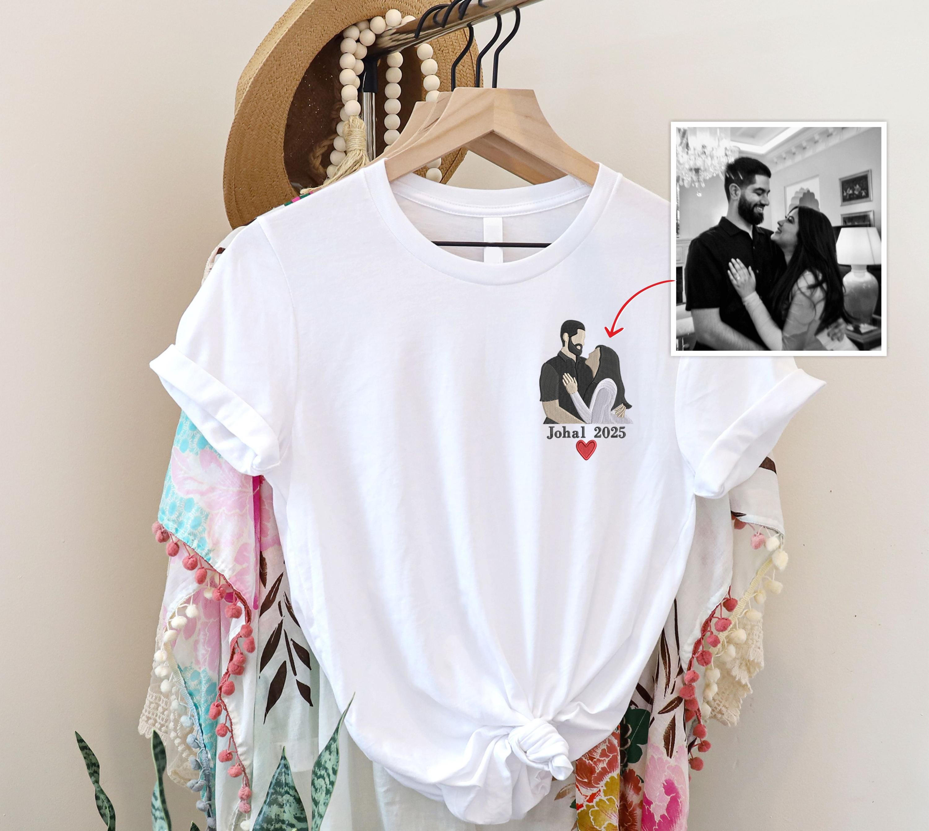 Embroidered Portrait From Photo Shirt Personalised Photo Drawing Sketch T-shirt Custom Faceless Portrait Matching Tops Christmas Gifts