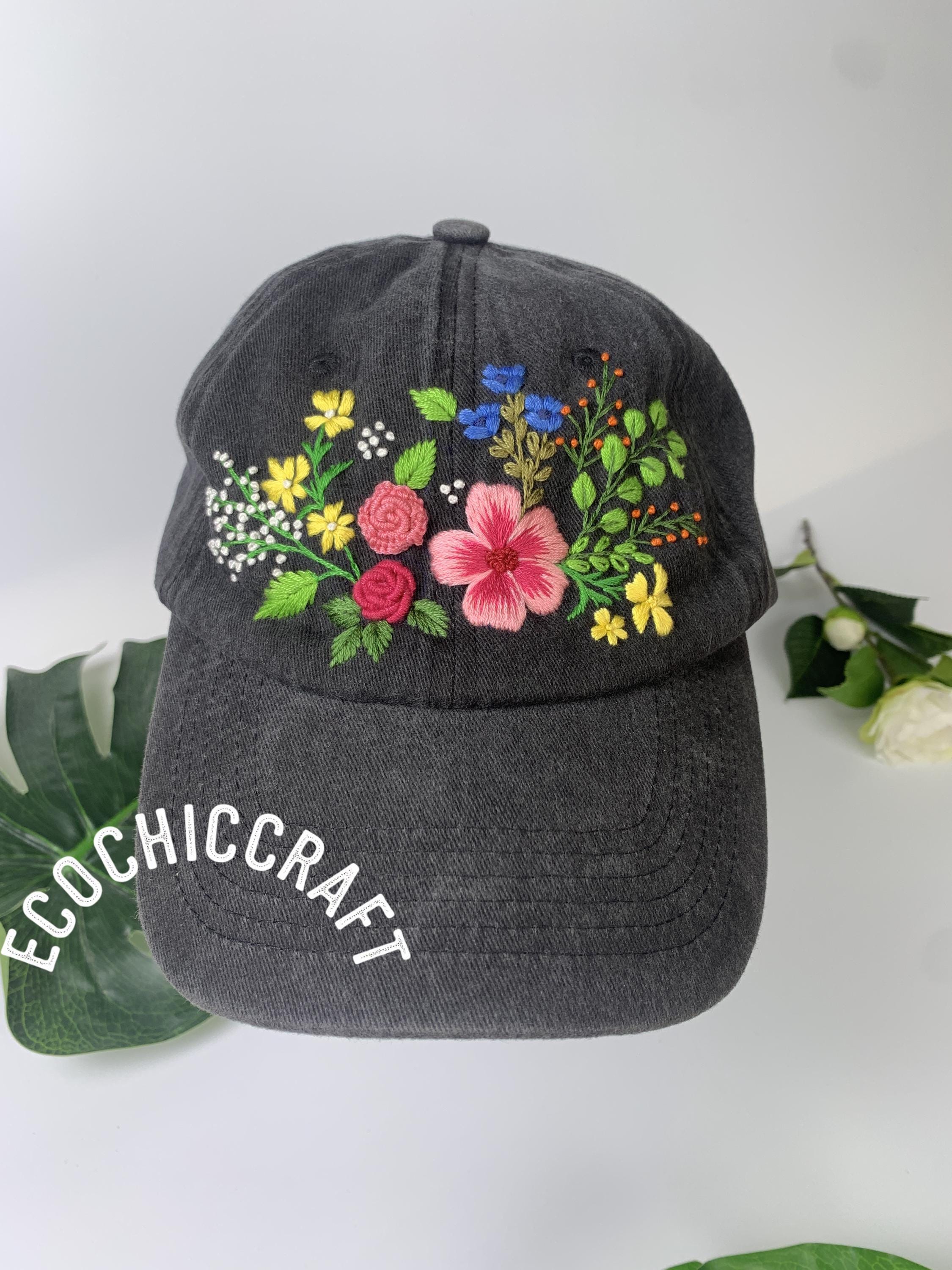 Personalized Name Hand Embroidered Baseball Cap Bunch Floral Blossoms And Rose Embroidered Hat Vintage Hat For Woman Wash Cotton Hat
