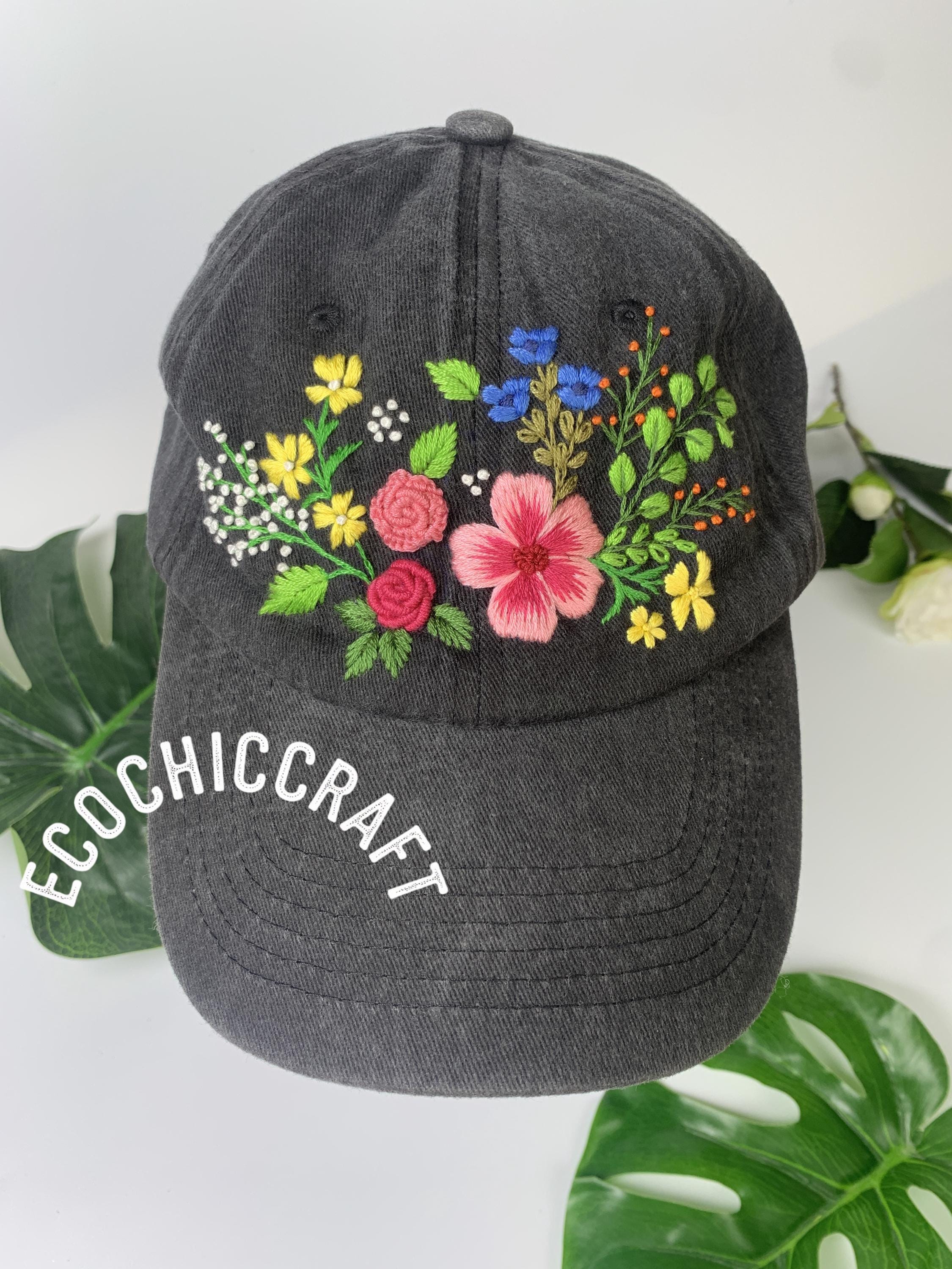 Personalized Name Hand Embroidered Baseball Cap Bunch Floral Blossoms And Rose Embroidered Hat Vintage Hat For Woman Wash Cotton Hat