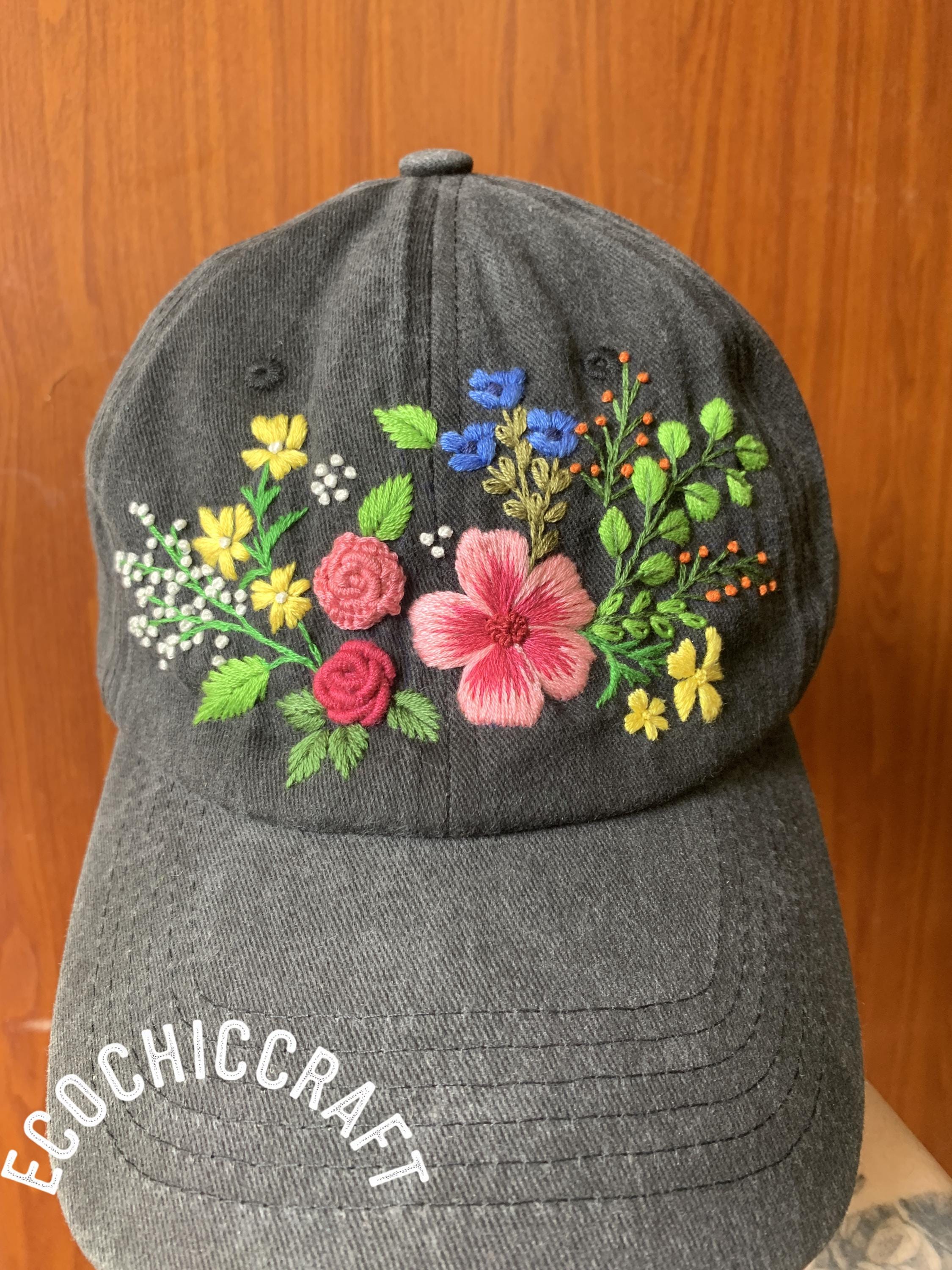 Personalized Name Hand Embroidered Baseball Cap Bunch Floral Blossoms And Rose Embroidered Hat Vintage Hat For Woman Wash Cotton Hat