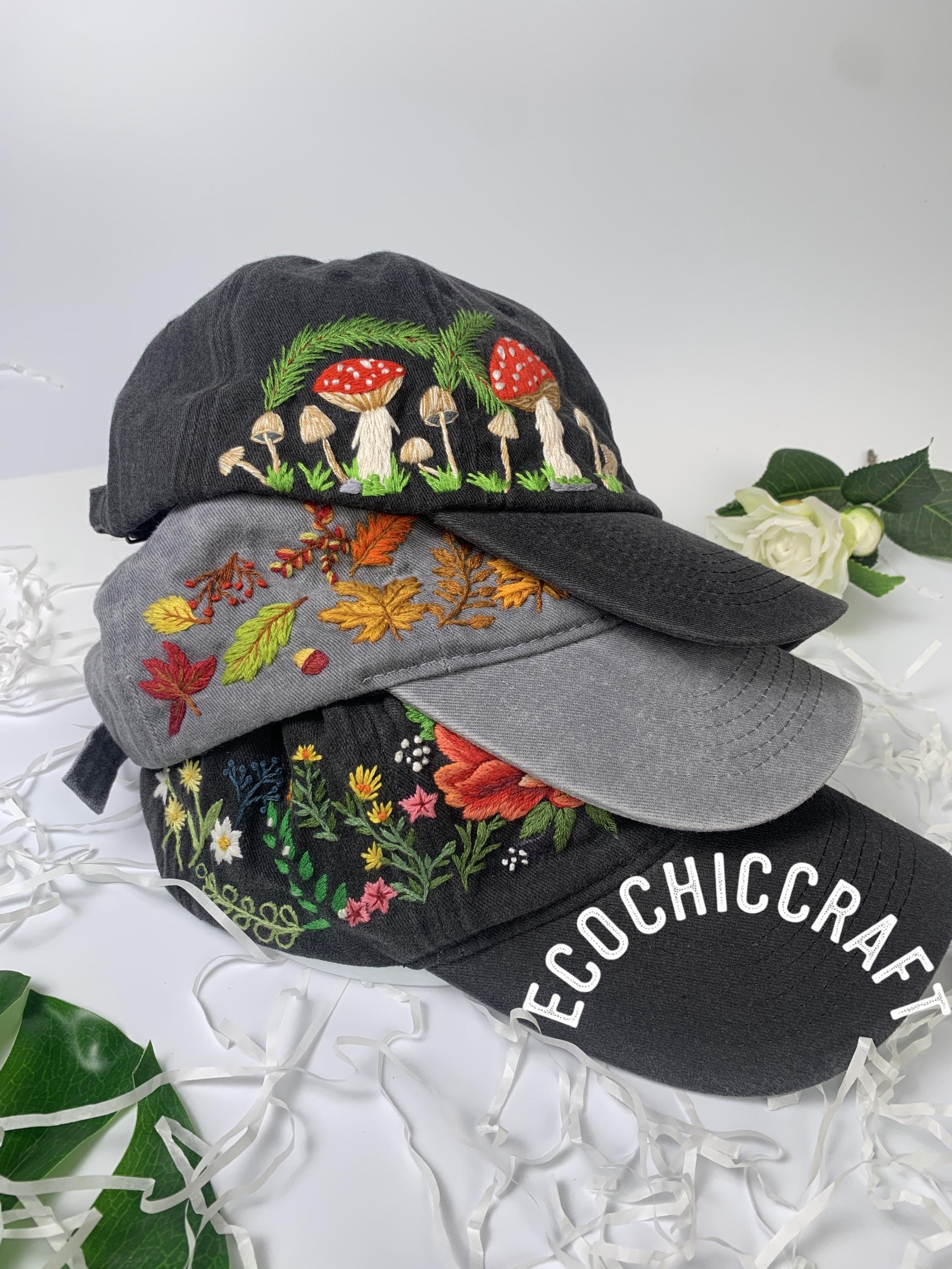 Personalized Name Hand Embroidered Baseball Cap Bunch Floral Blossoms And Rose Embroidered Hat Vintage Hat For Woman Wash Cotton Hat