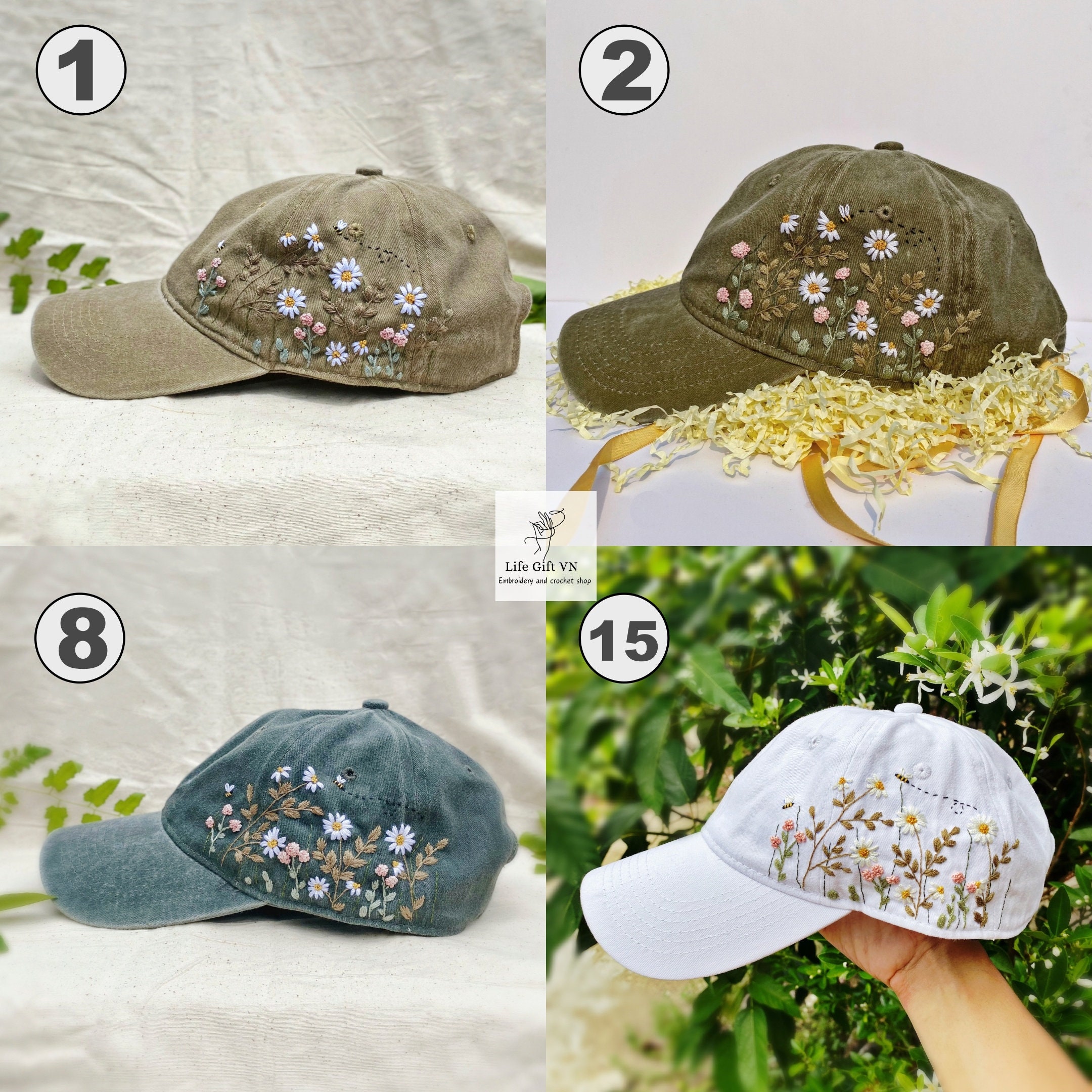 Hand Embroidery White Daisy And Bee Hat Wildflowers Embroidered Hat Personalized Baseball Cap Vintage Embroidered Floral Hat For Woman