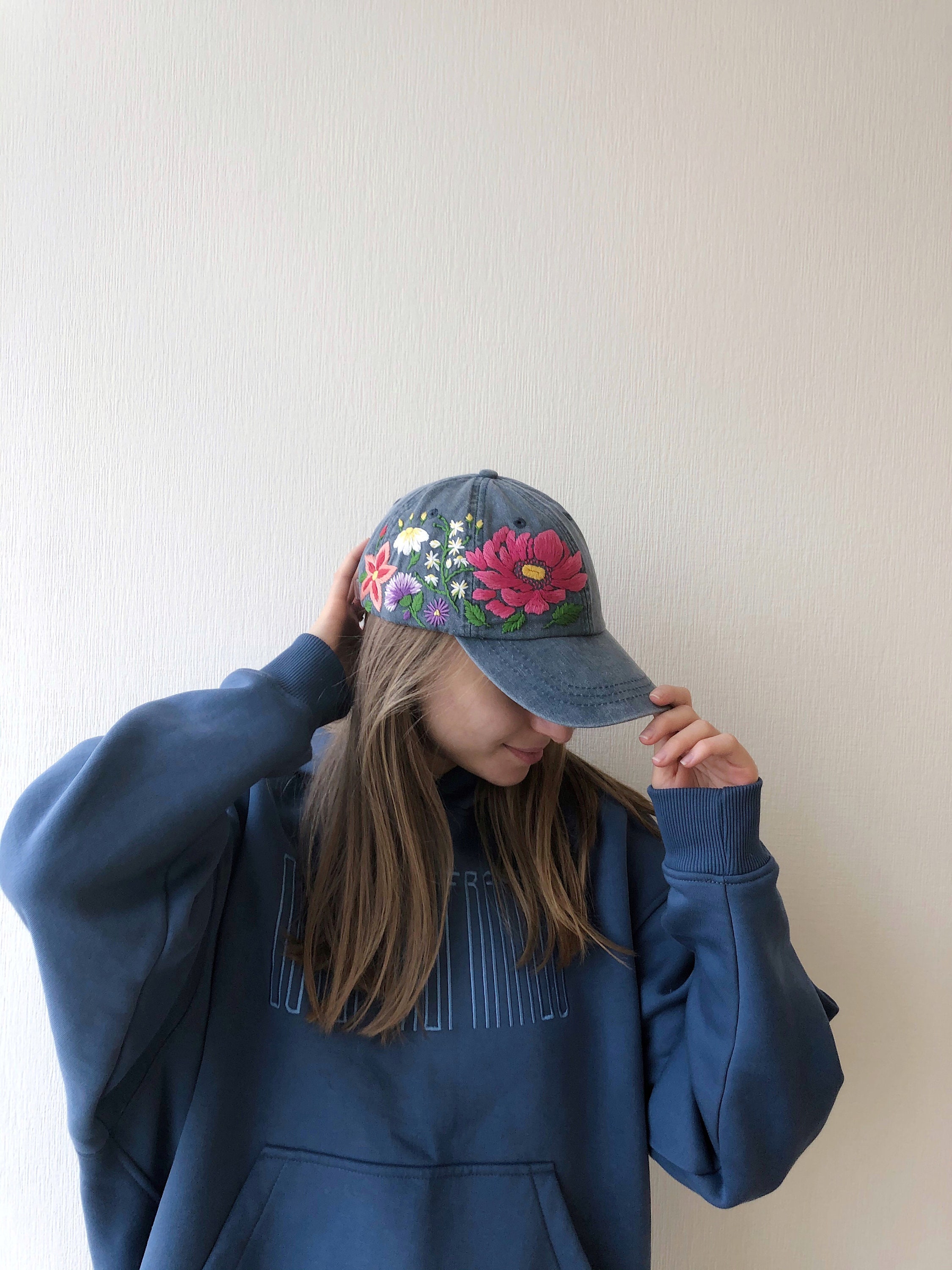 Hand Embroidered Hat Teal Embroidered Hat Floral Border Hat Cute Hat Custom Embroidered Hat Adjustable Hat Embroidered Ball Cap