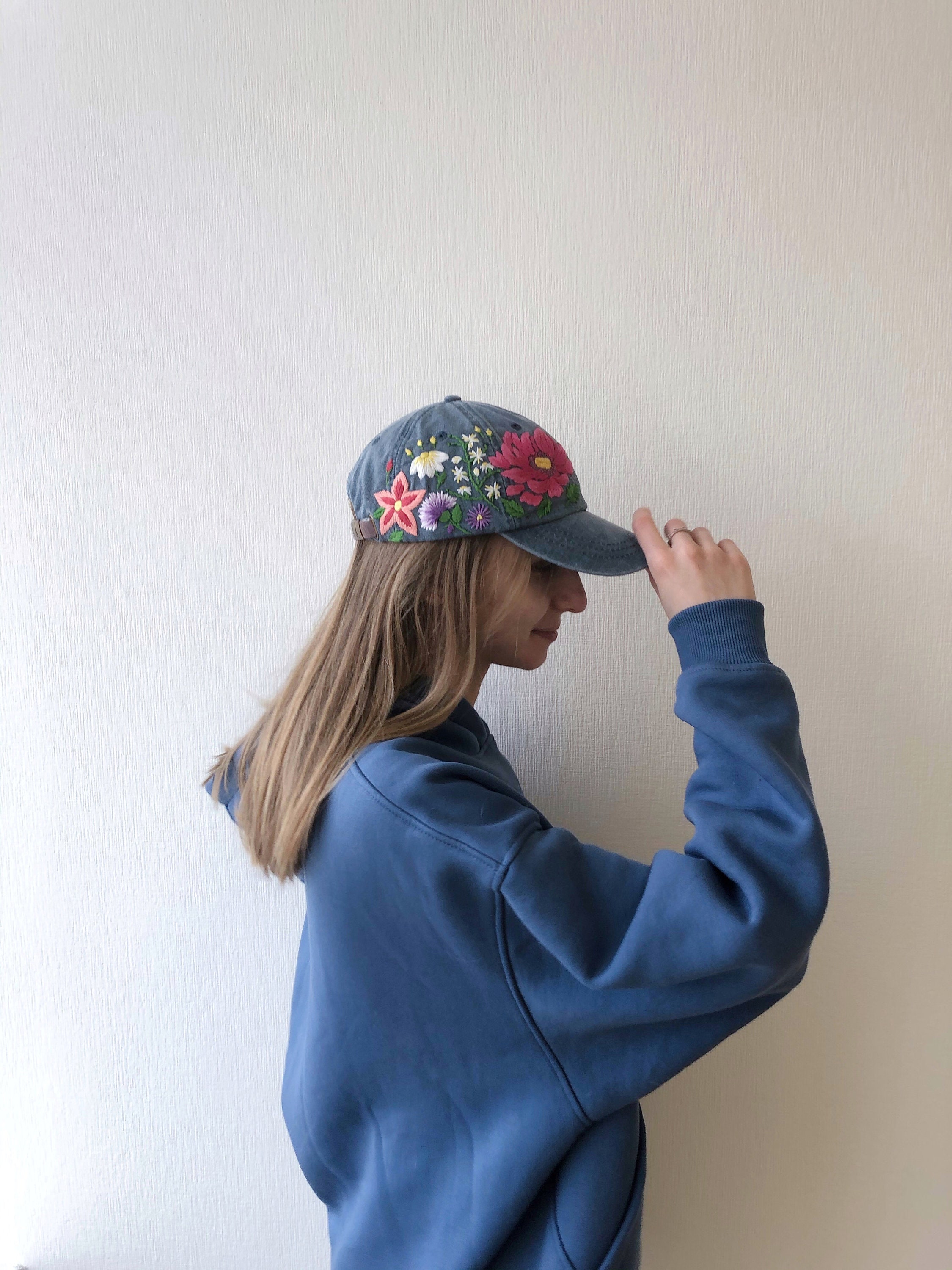 Hand Embroidered Hat Teal Embroidered Hat Floral Border Hat Cute Hat Custom Embroidered Hat Adjustable Hat Embroidered Ball Cap