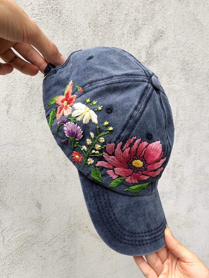 Hand Embroidered Hat Teal Embroidered Hat Floral Border Hat Cute Hat Custom Embroidered Hat Adjustable Hat Embroidered Ball Cap