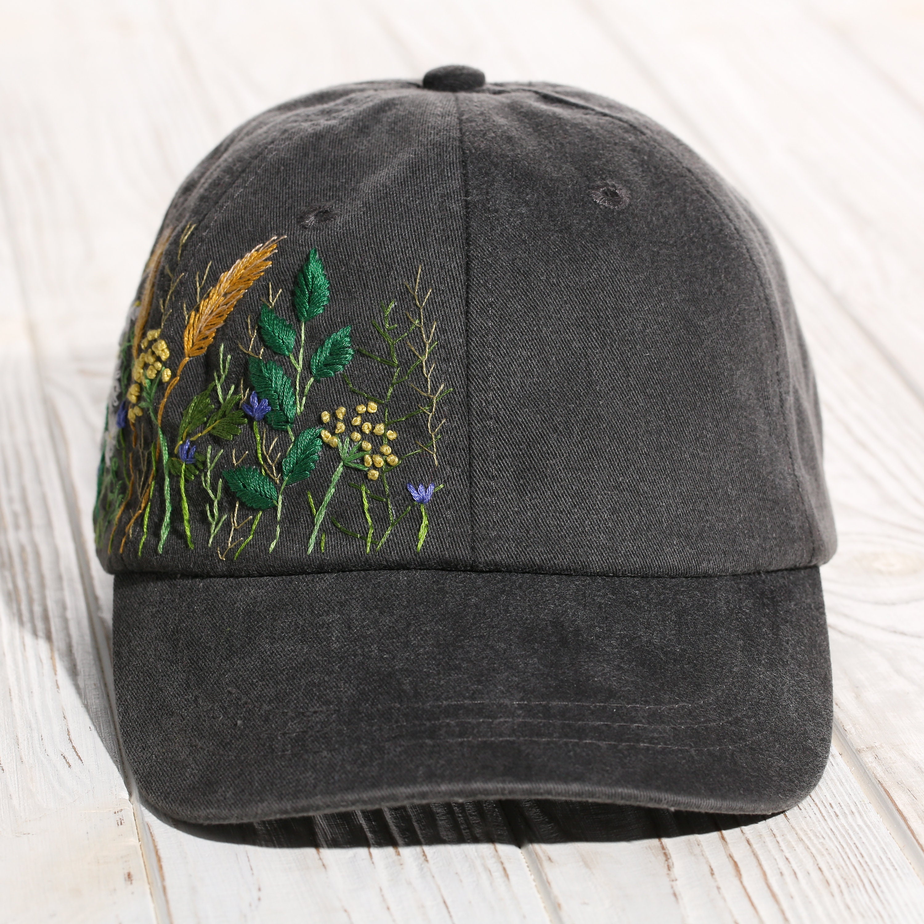 Hand Embroidered Wildflowers Cotton Black Cap Hand Stitched Women's Hat With Floral Embroidery Custom Gift For Women