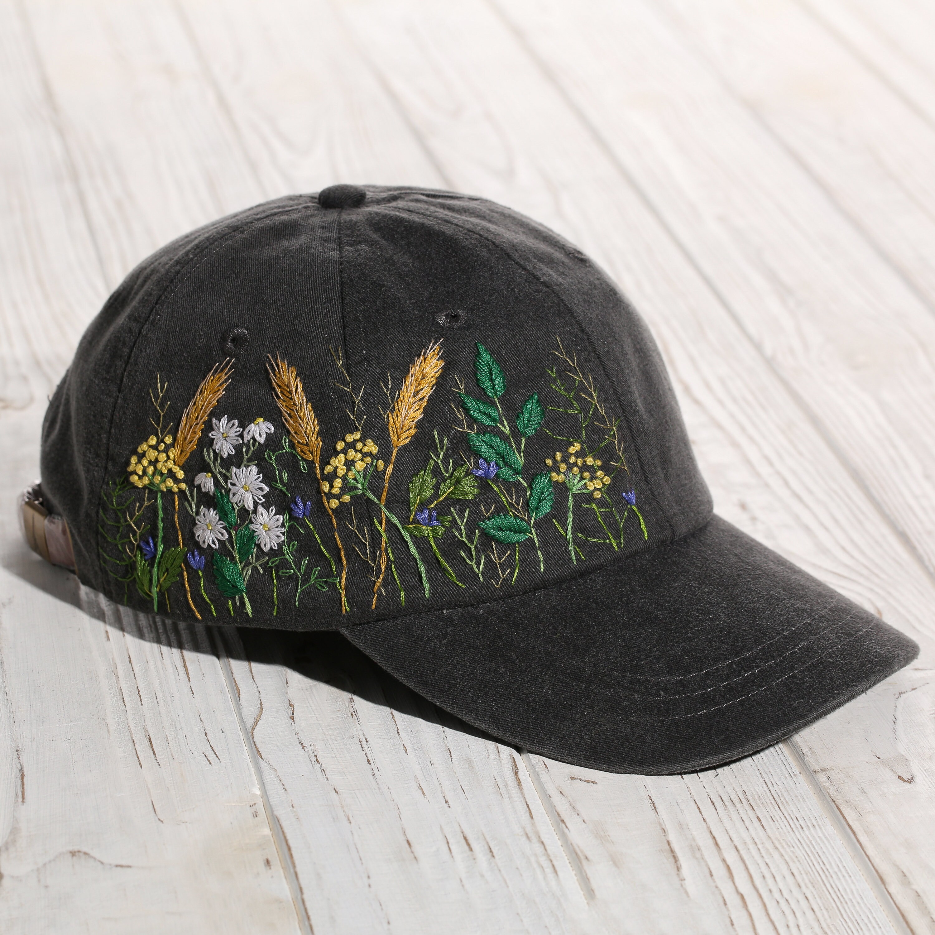 Hand Embroidered Wildflowers Cotton Black Cap Hand Stitched Womens Hat With Floral Embroidery Custom Gift For Women