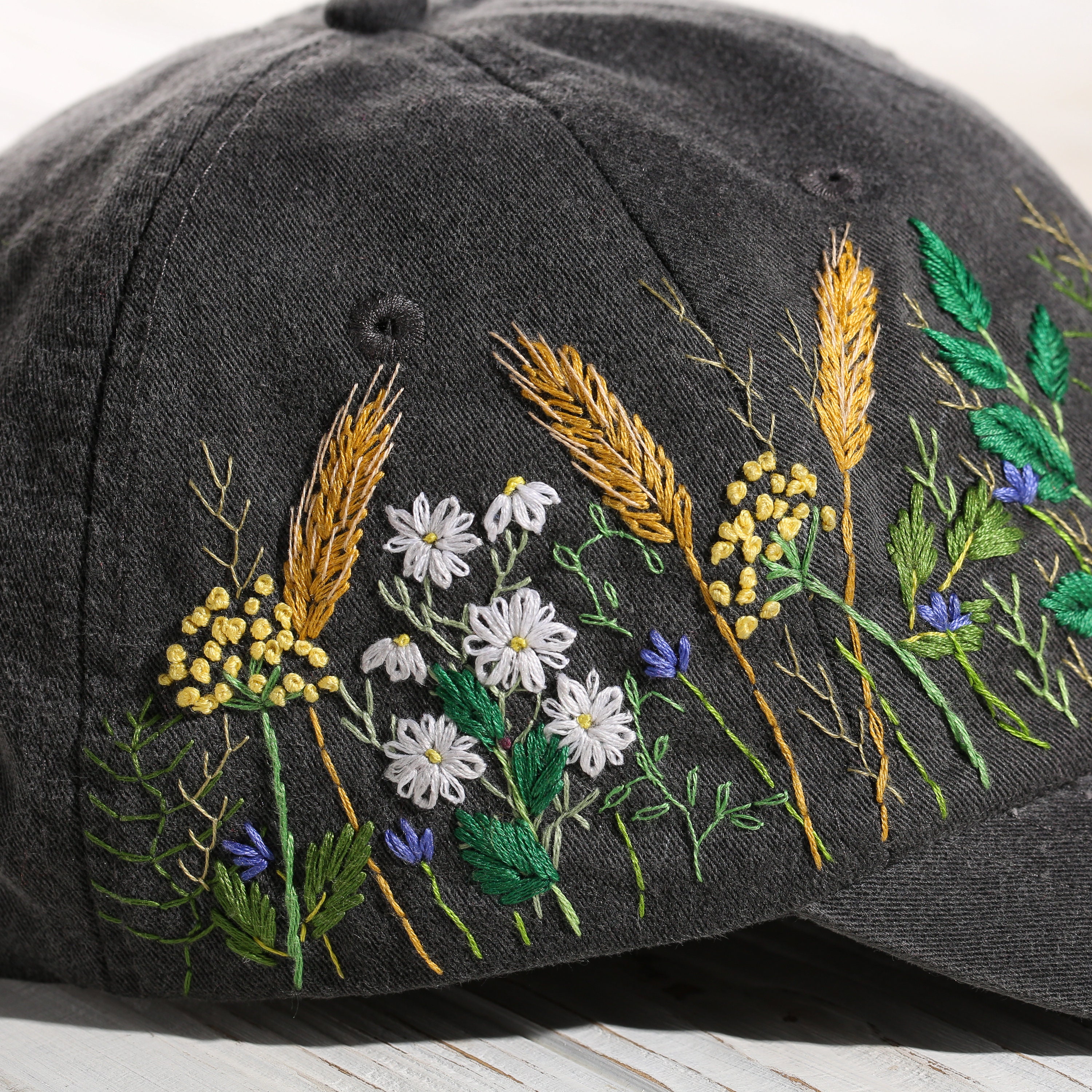 Hand Embroidered Wildflowers Cotton Black Cap Hand Stitched Women's Hat With Floral Embroidery Custom Gift For Women