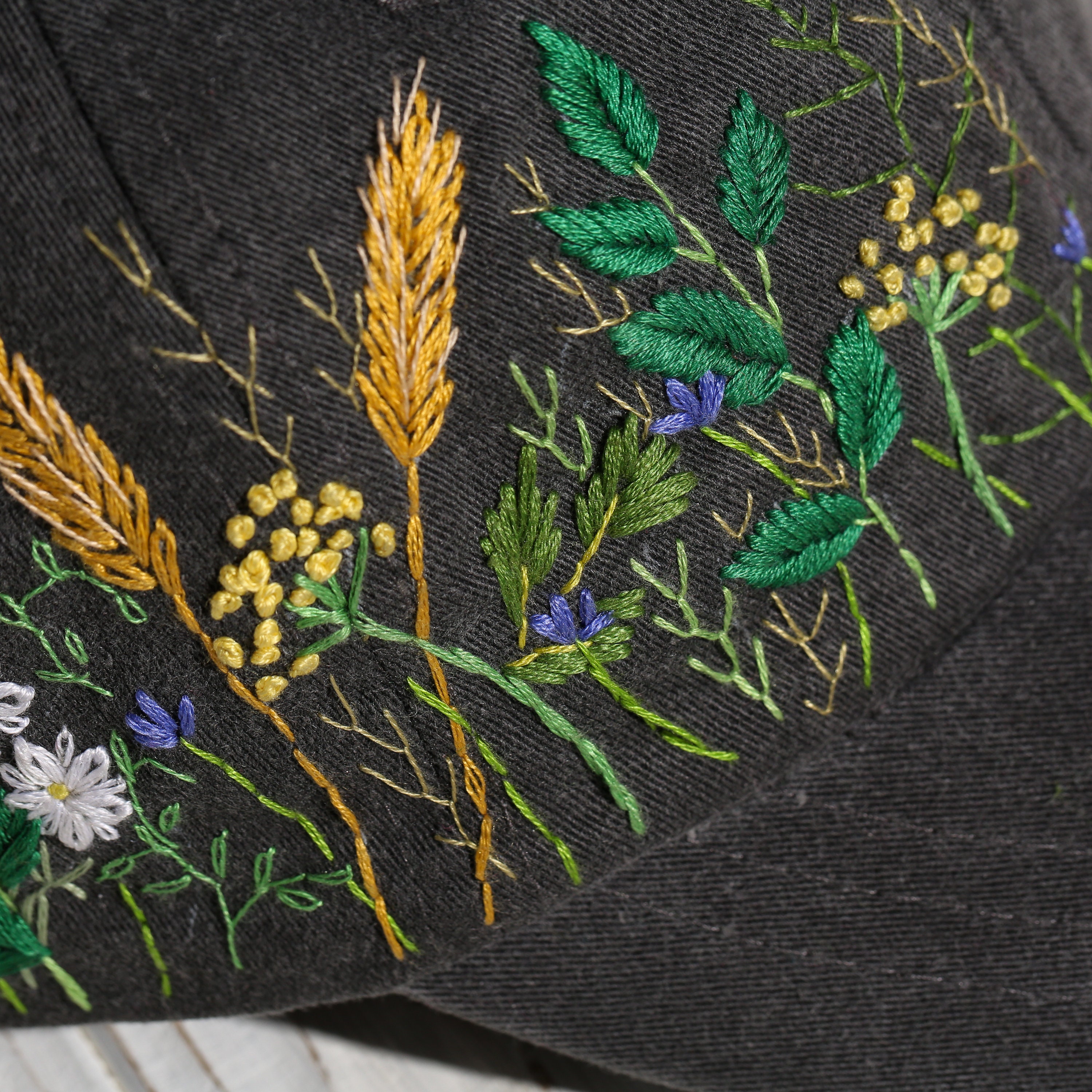 Hand Embroidered Wildflowers Cotton Black Cap Hand Stitched Women's Hat With Floral Embroidery Custom Gift For Women