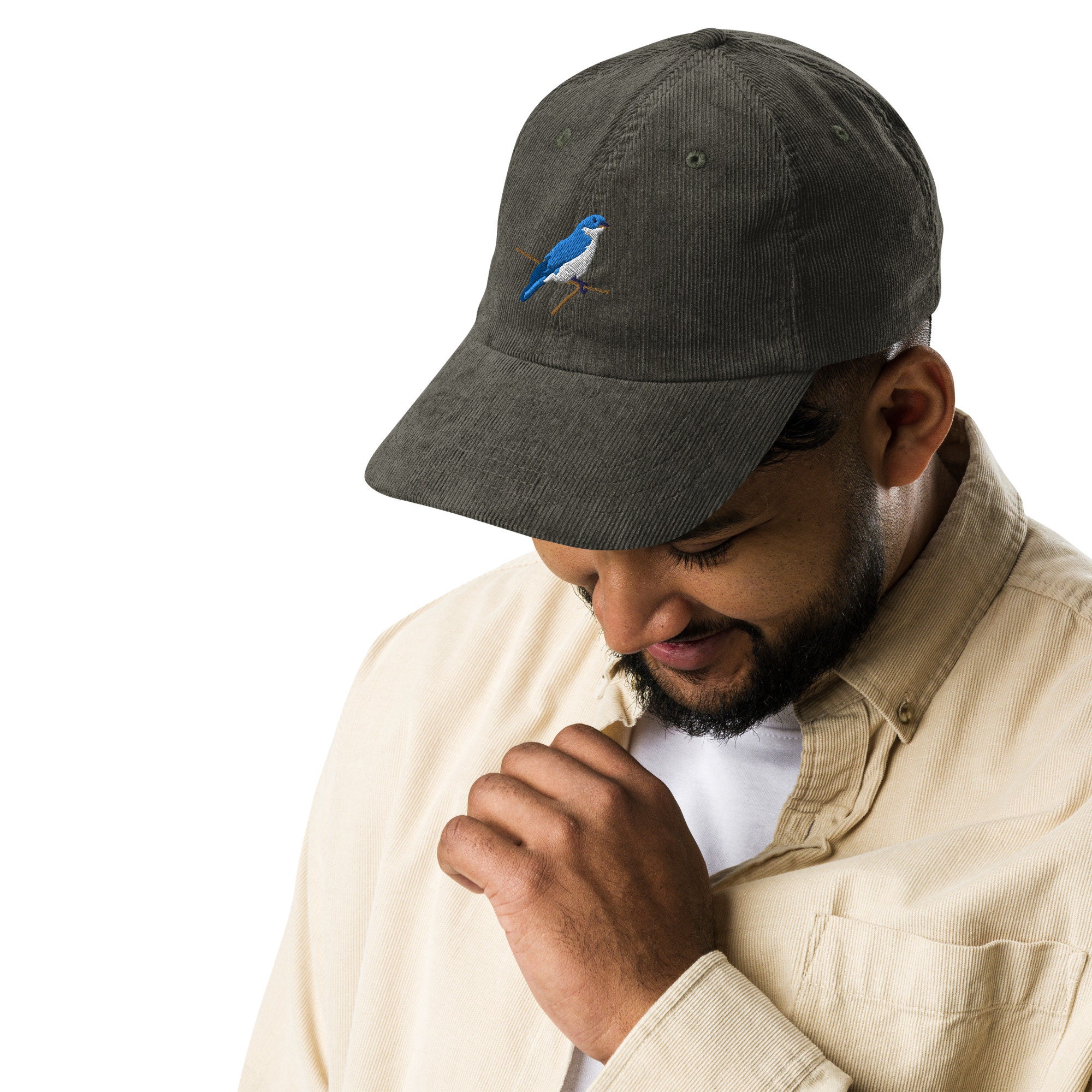 Blue Bird Embroidered Vintage Corduroy Cap Unique Retro Hat With Embroidery