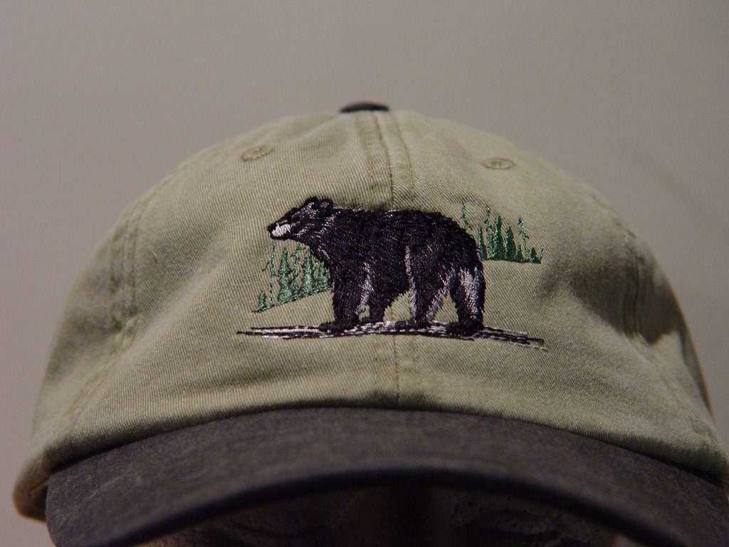 Black Bear Hat - One Embroidered Men Women Wildlife Baseball Cap - Price Embroidery Apparel - 6 Two Tone Color Mom Dad Gift Caps Available