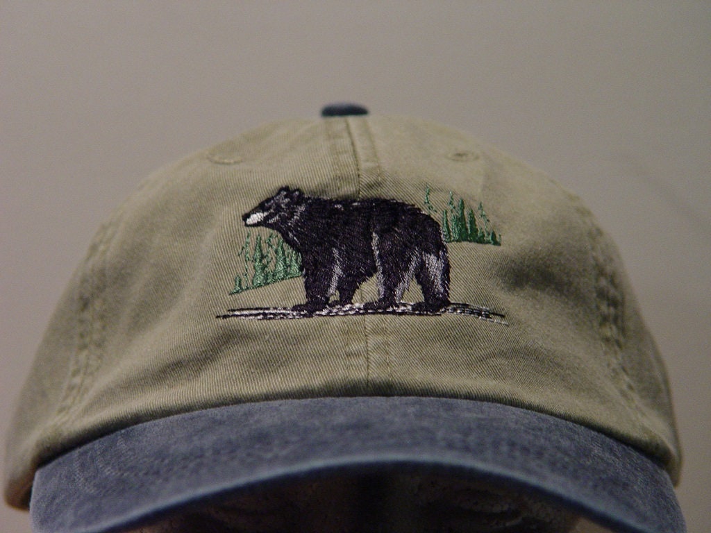 Black Bear Hat - One Embroidered Men Women Wildlife Baseball Cap - Price Embroidery Apparel - 6 Two Tone Color Mom Dad Gift Caps Available