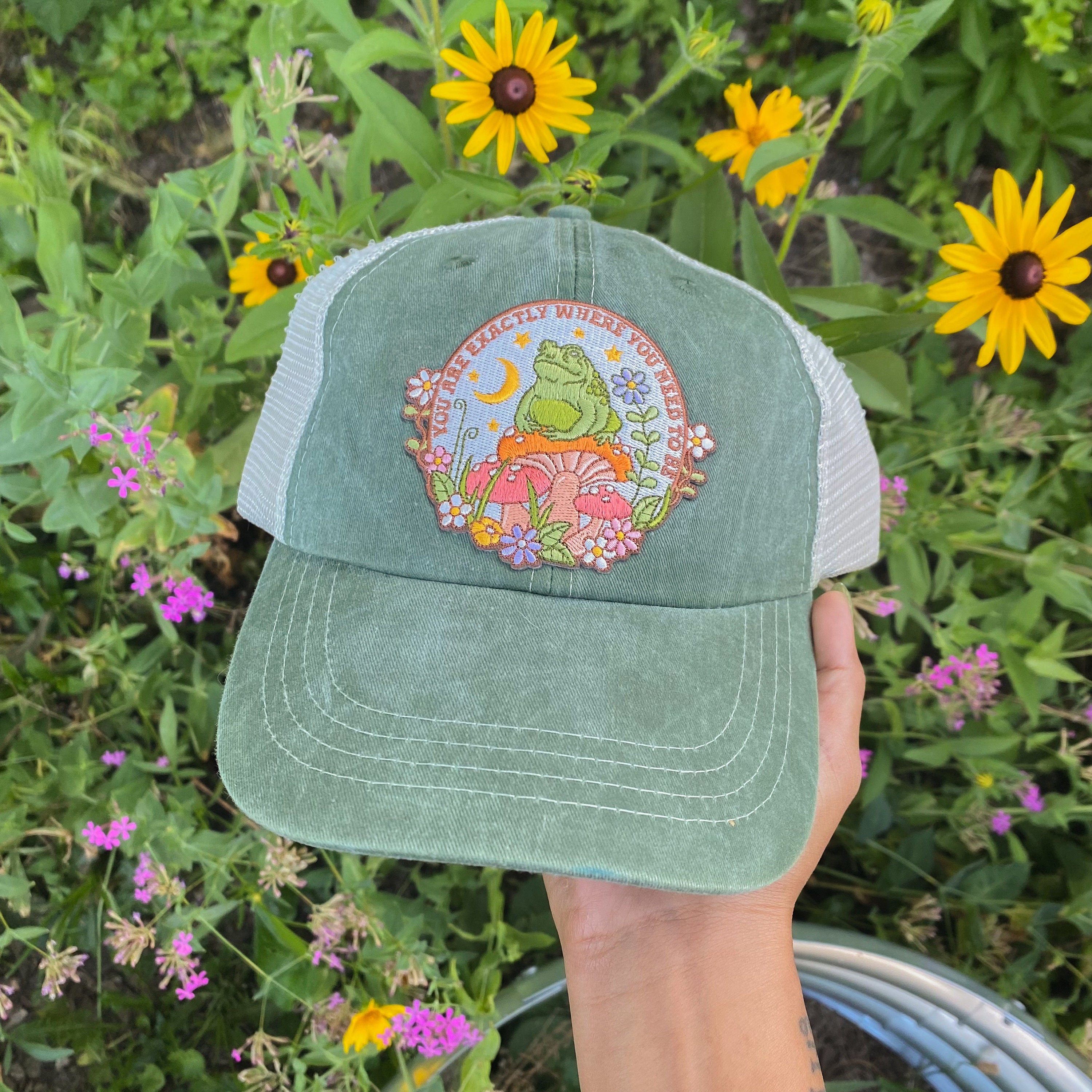 Baseball Trucker Hat With Embroidered Patch - Your Choice Of Patch Cap Color! Cute Gift - Kindness Is Magic - Boho - Flower Mushroom Retro