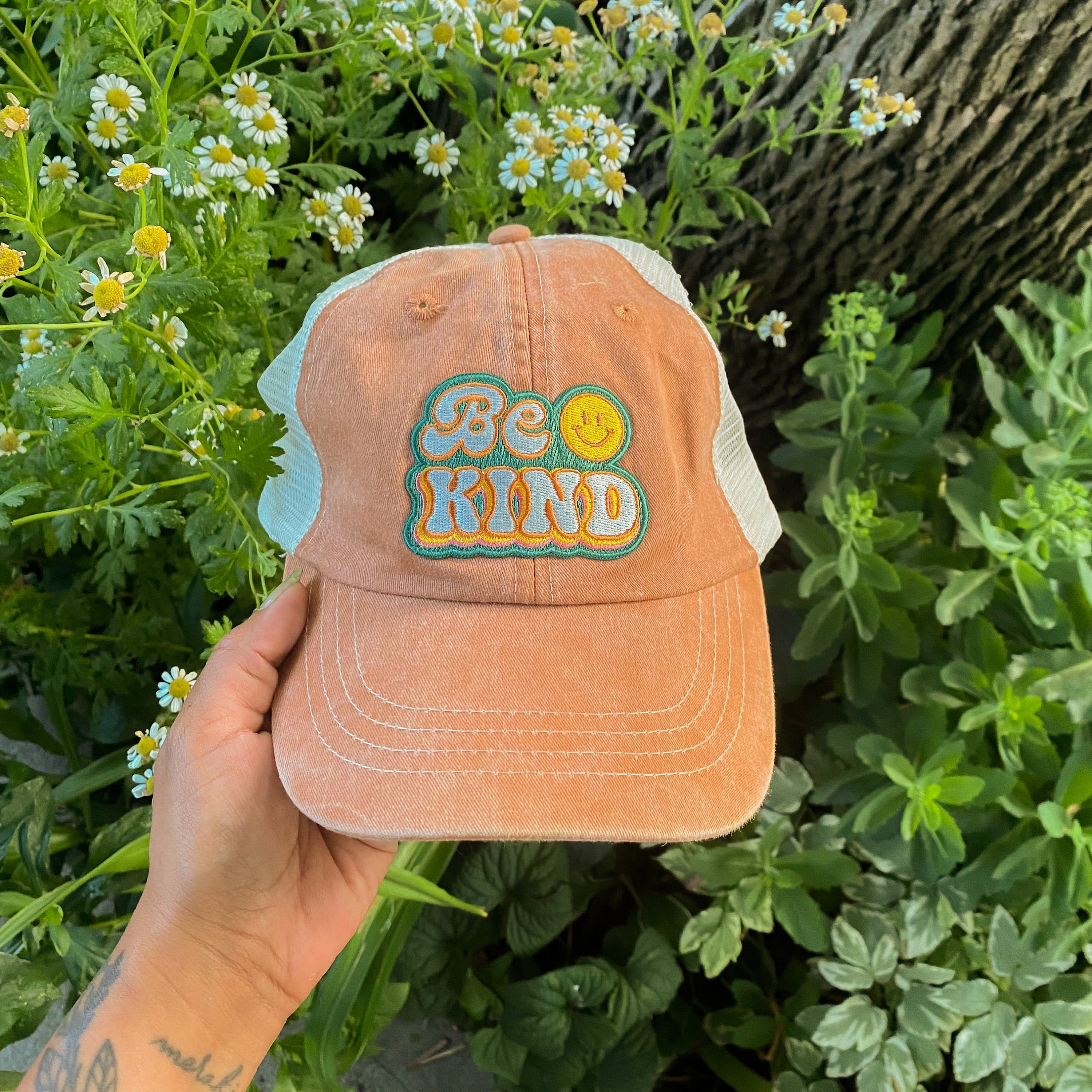 Baseball Trucker Hat With Embroidered Patch - Your Choice Of Patch Cap Color! Cute Gift - Kindness Is Magic - Boho - Flower Mushroom Retro