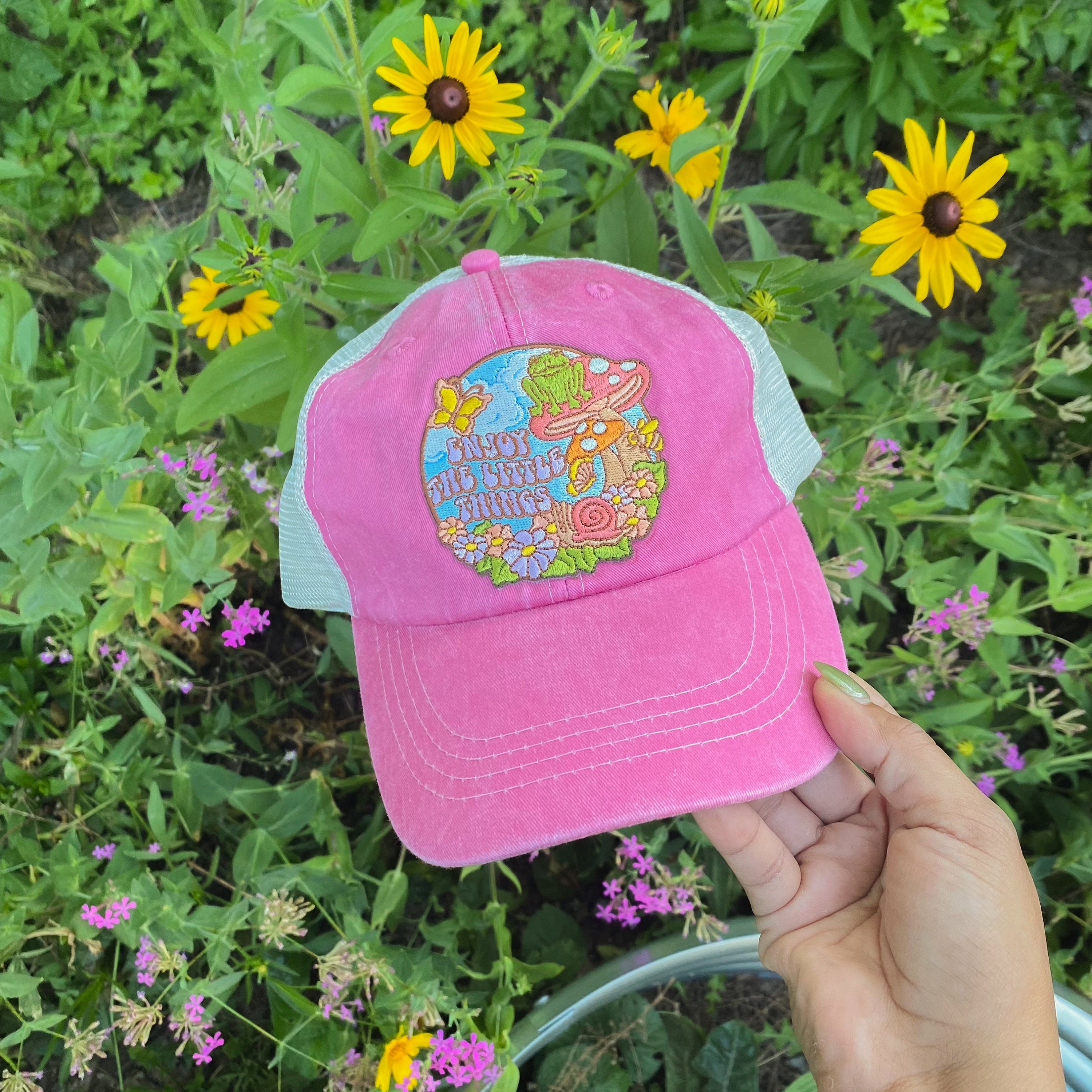 Baseball Trucker Hat With Embroidered Patch - Your Choice Of Patch Cap Color! Cute Gift - Kindness Is Magic - Boho - Flower Mushroom Retro