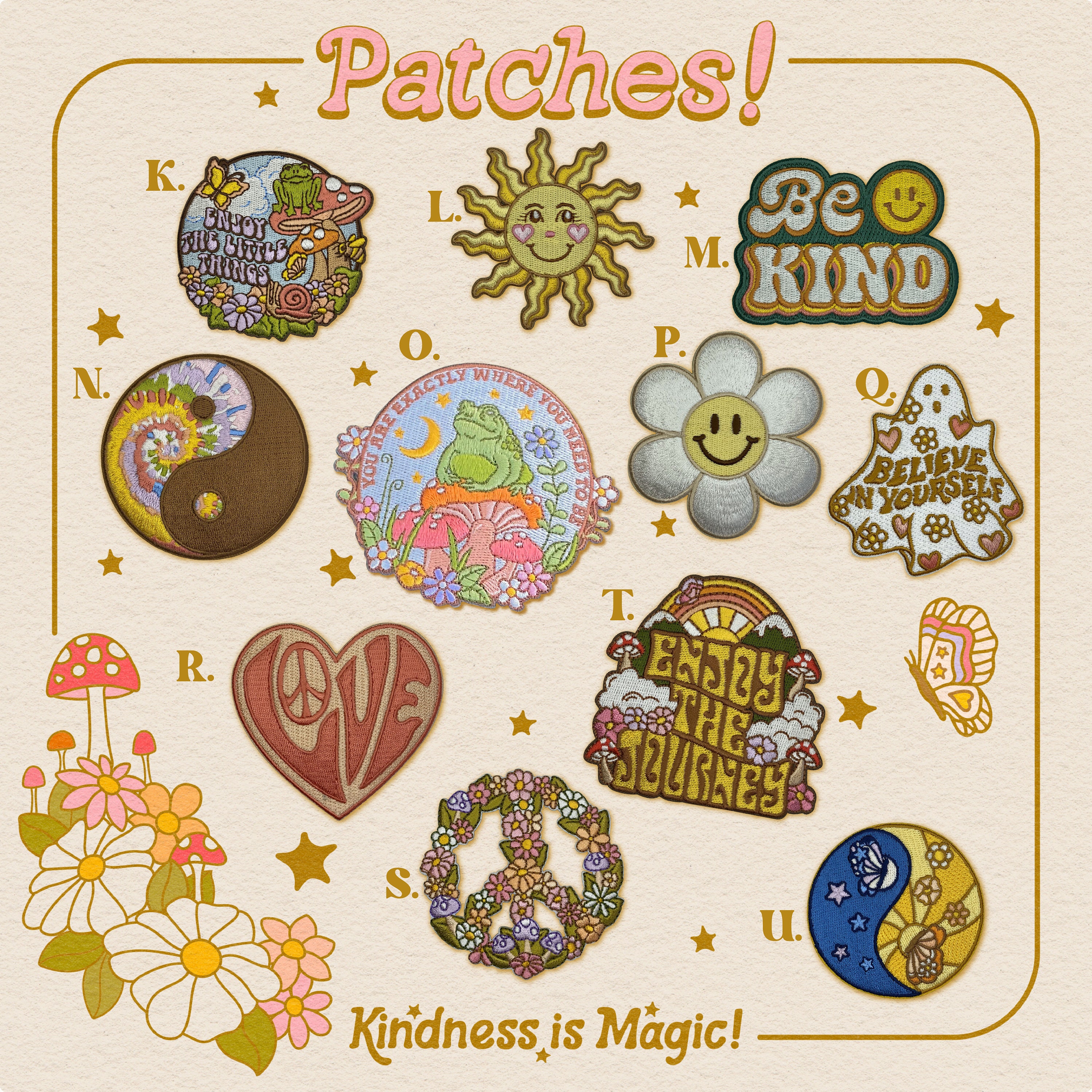Baseball Trucker Hat With Embroidered Patch - Your Choice Of Patch Cap Color! Cute Gift - Kindness Is Magic - Boho - Flower Mushroom Retro