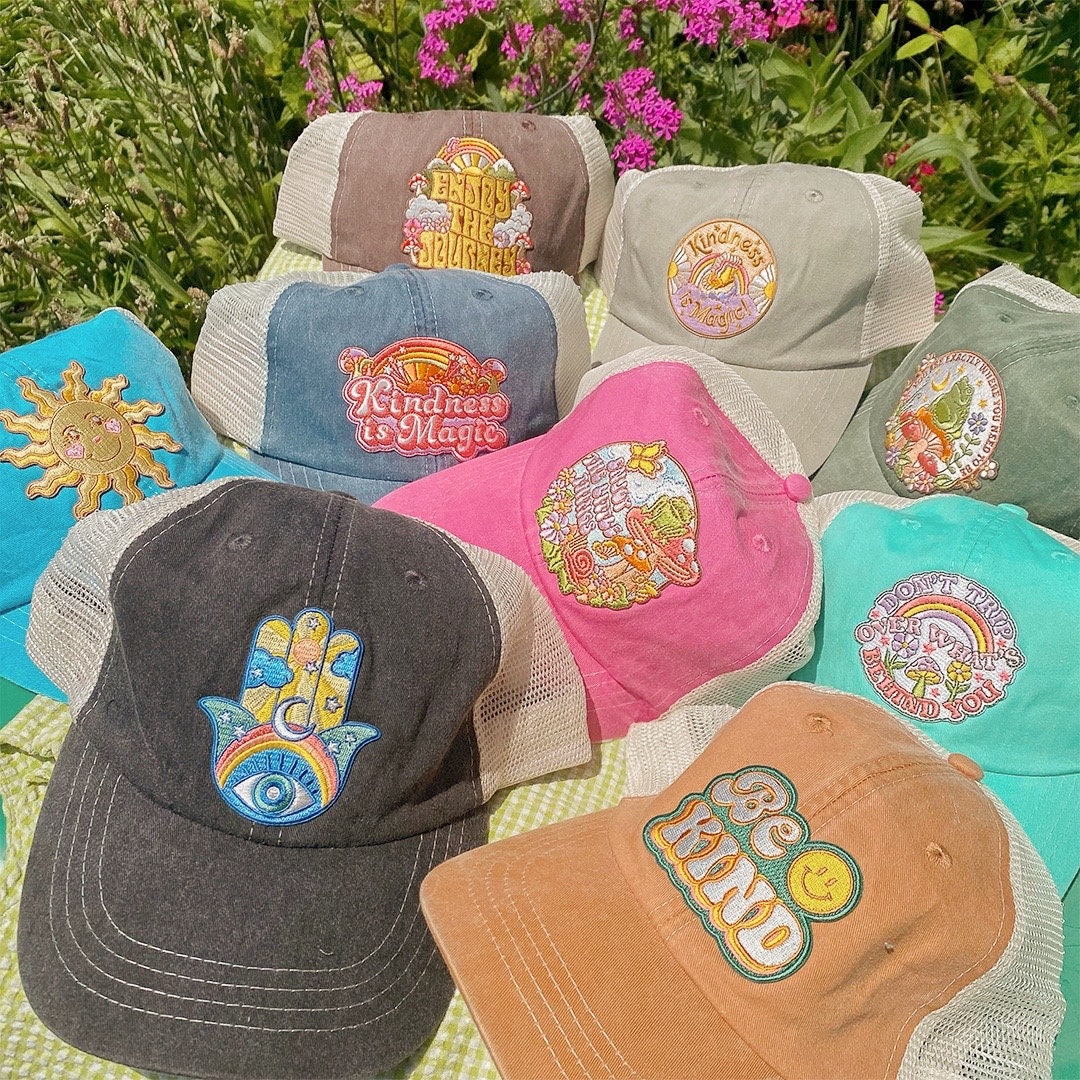 Baseball Trucker Hat With Embroidered Patch - Your Choice Of Patch Cap Color! Cute Gift - Kindness Is Magic - Boho - Flower Mushroom Retro