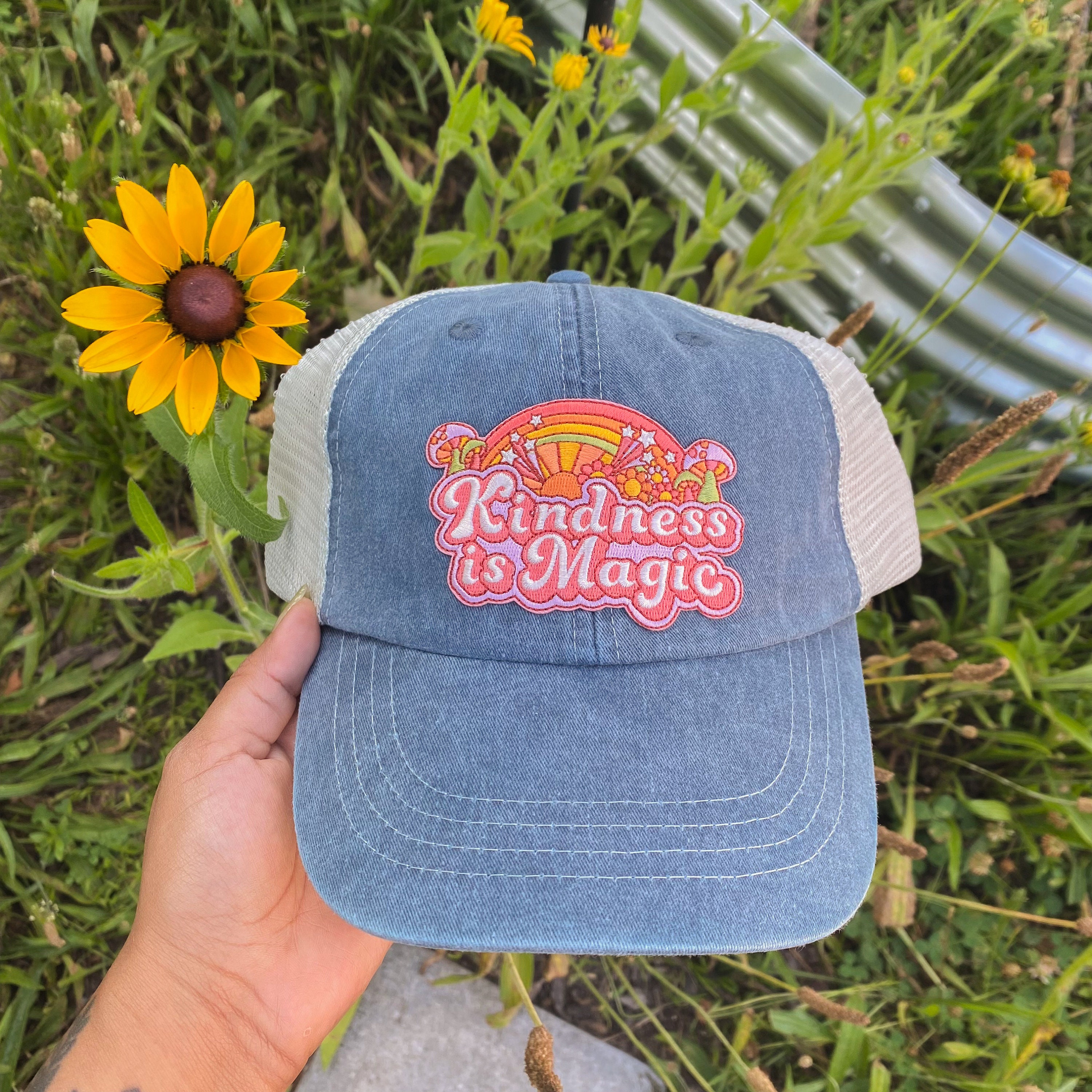 Baseball Trucker Hat With Embroidered Patch - Your Choice Of Patch Cap Color! Cute Gift - Kindness Is Magic - Boho - Flower Mushroom Retro