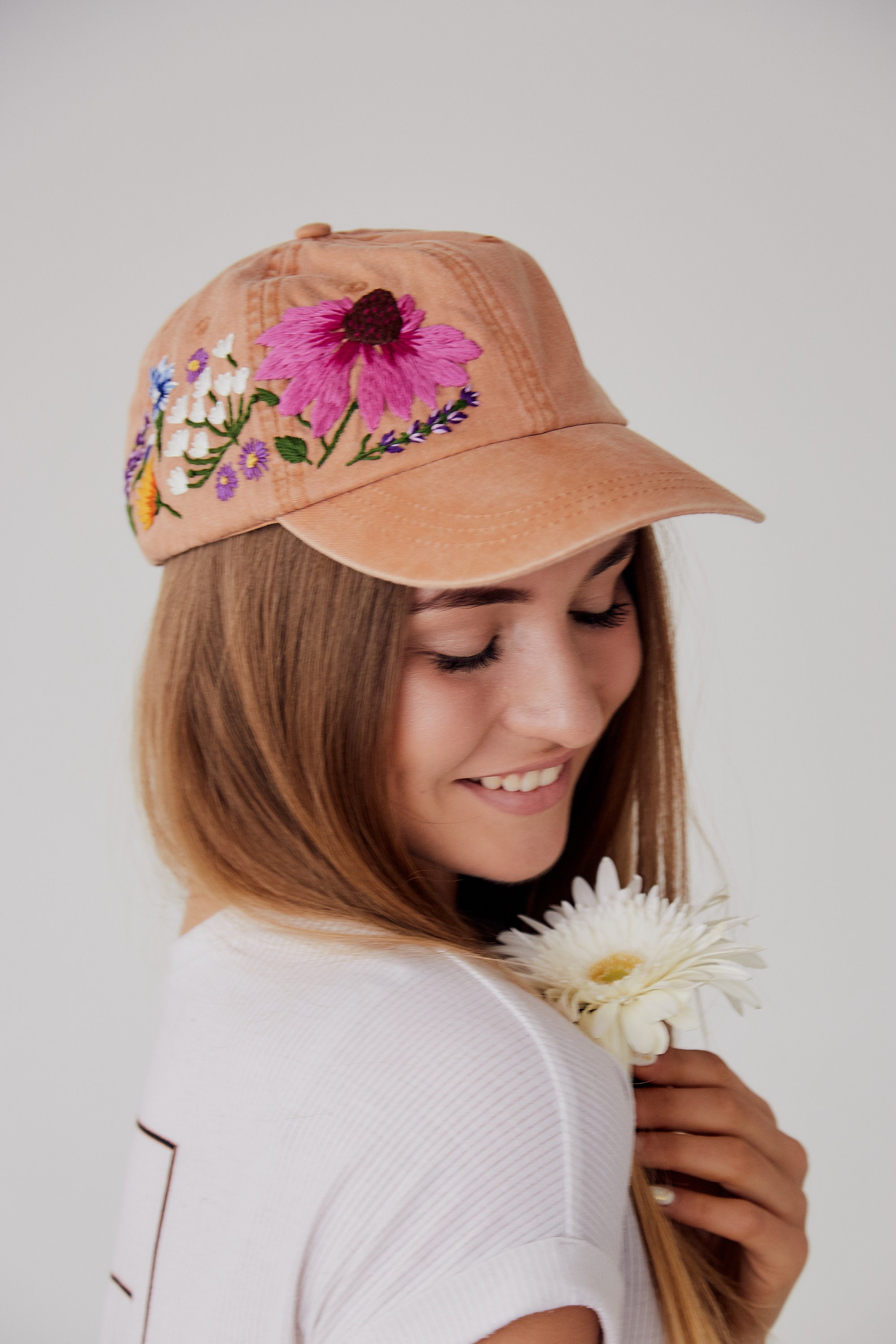 Hand Embroidered Hiking Hat Floral Design Baseball Hat For Women Custom Hat For Girls Embroidered Flowers Hat With Custom Embroidery Design