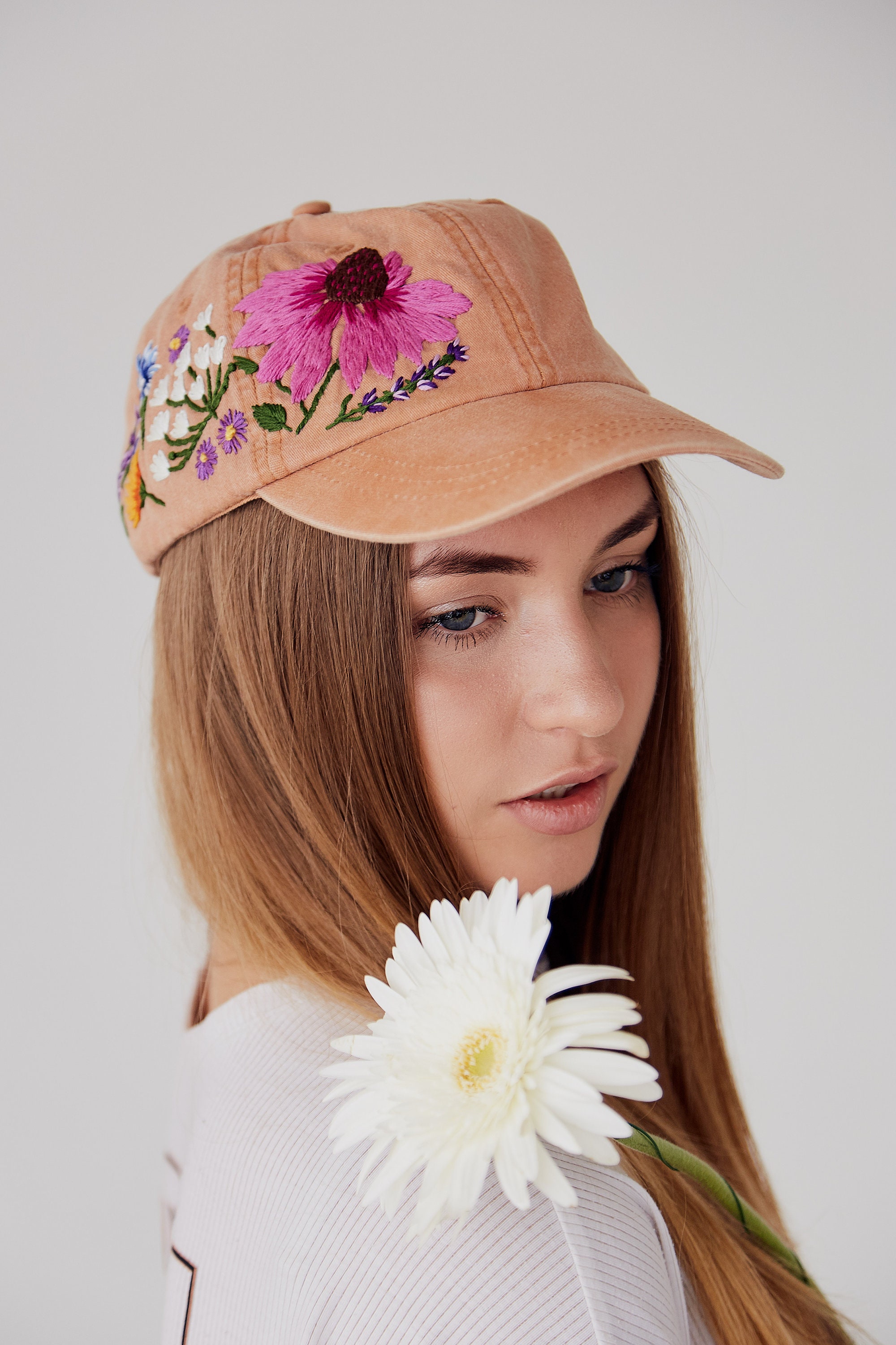 Hand Embroidered Hiking Hat Floral Design Baseball Hat For Women Custom Hat For Girls Embroidered Flowers Hat With Custom Embroidery Design