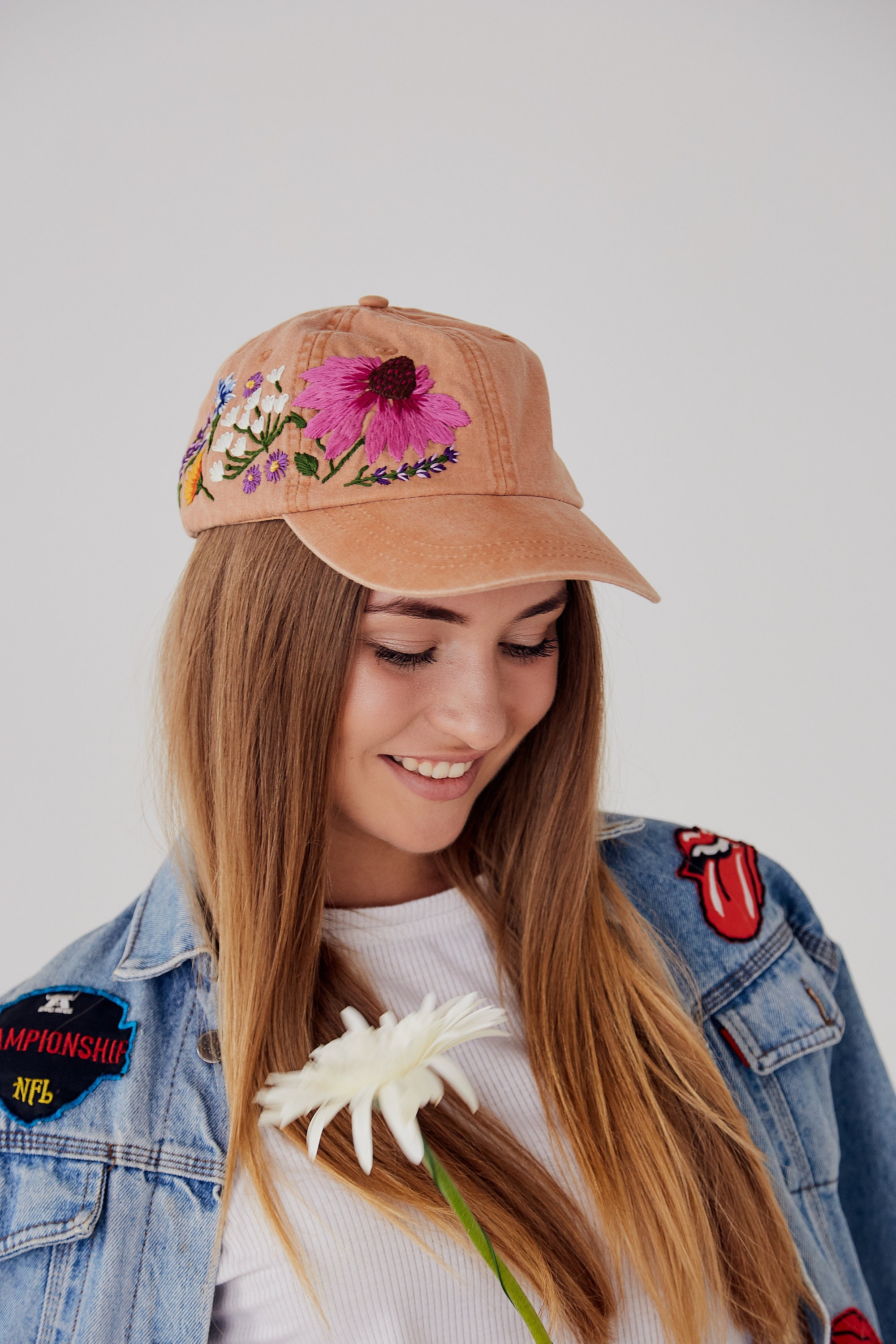 Hand Embroidered Hiking Hat Floral Design Baseball Hat For Women Custom Hat For Girls Embroidered Flowers Hat With Custom Embroidery Design
