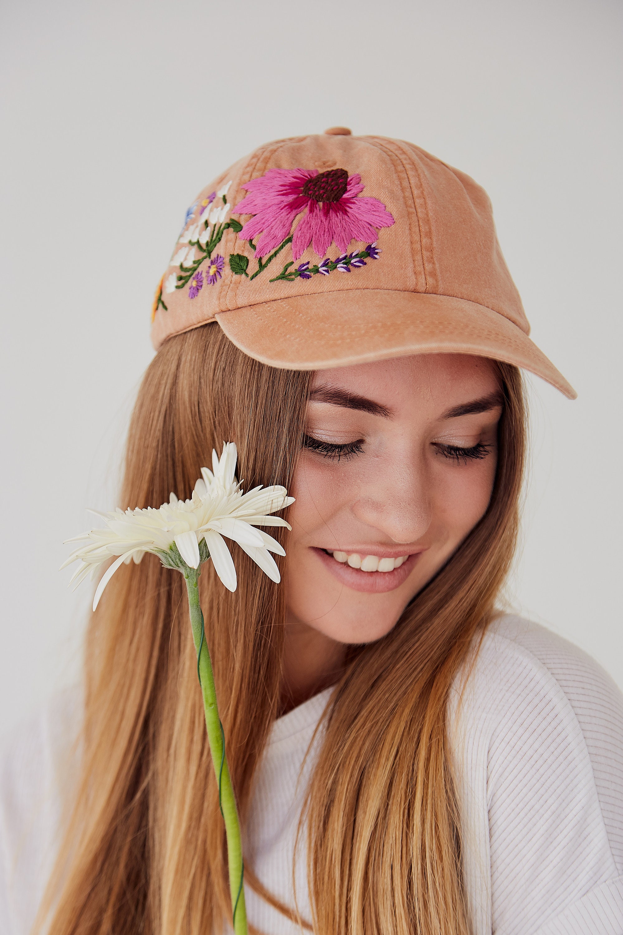 Hand Embroidered Hiking Hat Floral Design Baseball Hat For Women Custom Hat For Girls Embroidered Flowers Hat With Custom Embroidery Design