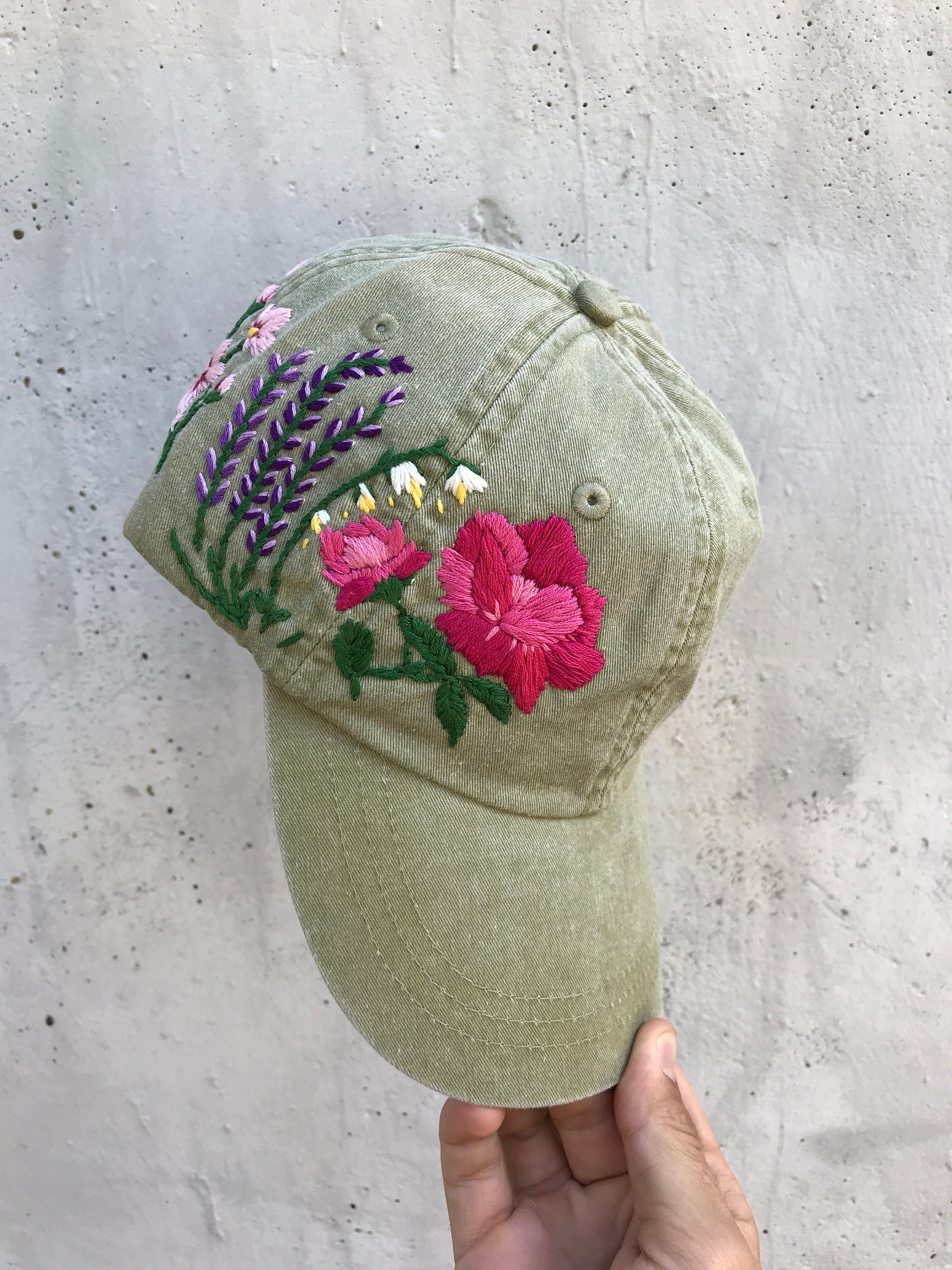 Custom Hand Stitched Hat Hand Embroidered Hat Floral Hat Colorful Hat Botanical Hat Embroidered Baseball Cap Washed Denim Hat