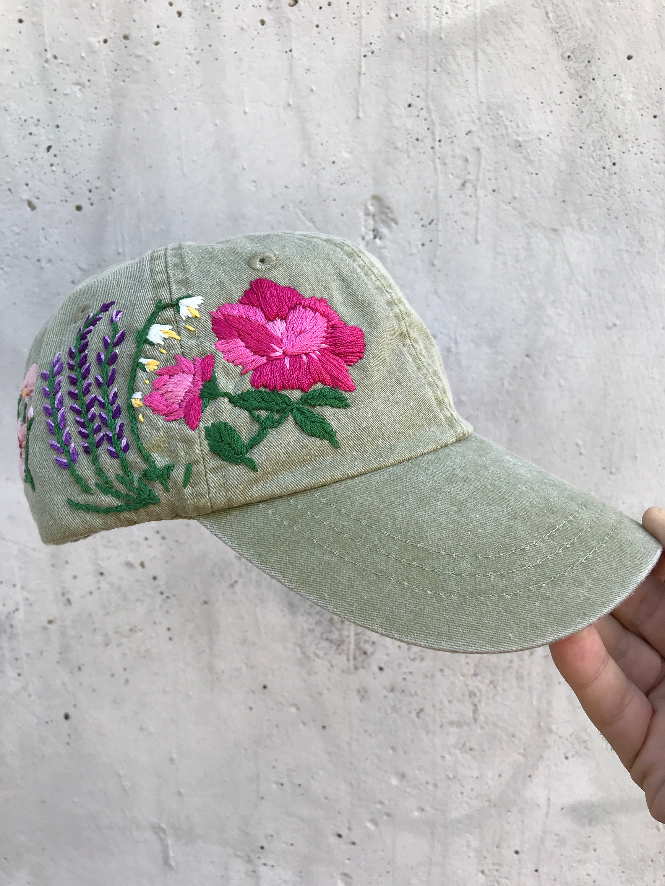 Custom Hand Stitched Hat Hand Embroidered Hat Floral Hat Colorful Hat Botanical Hat Embroidered Baseball Cap Washed Denim Hat
