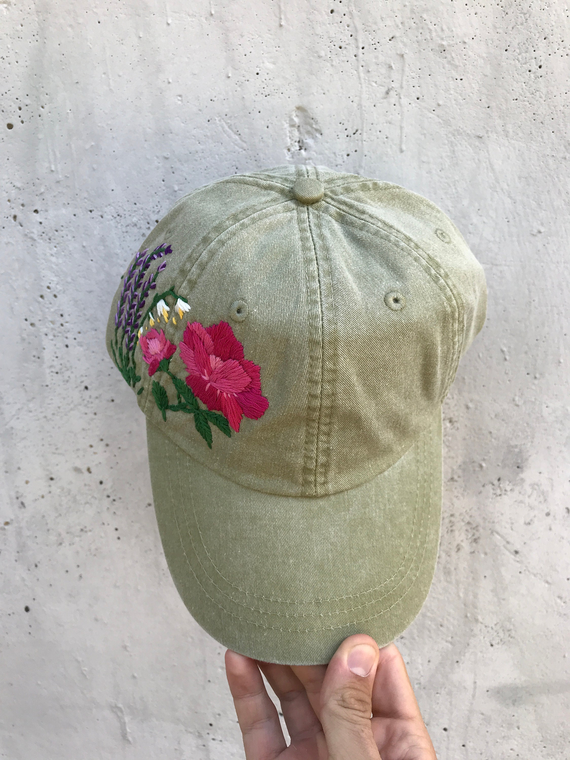 Custom Hand Stitched Hat Hand Embroidered Hat Floral Hat Colorful Hat Botanical Hat Embroidered Baseball Cap Washed Denim Hat