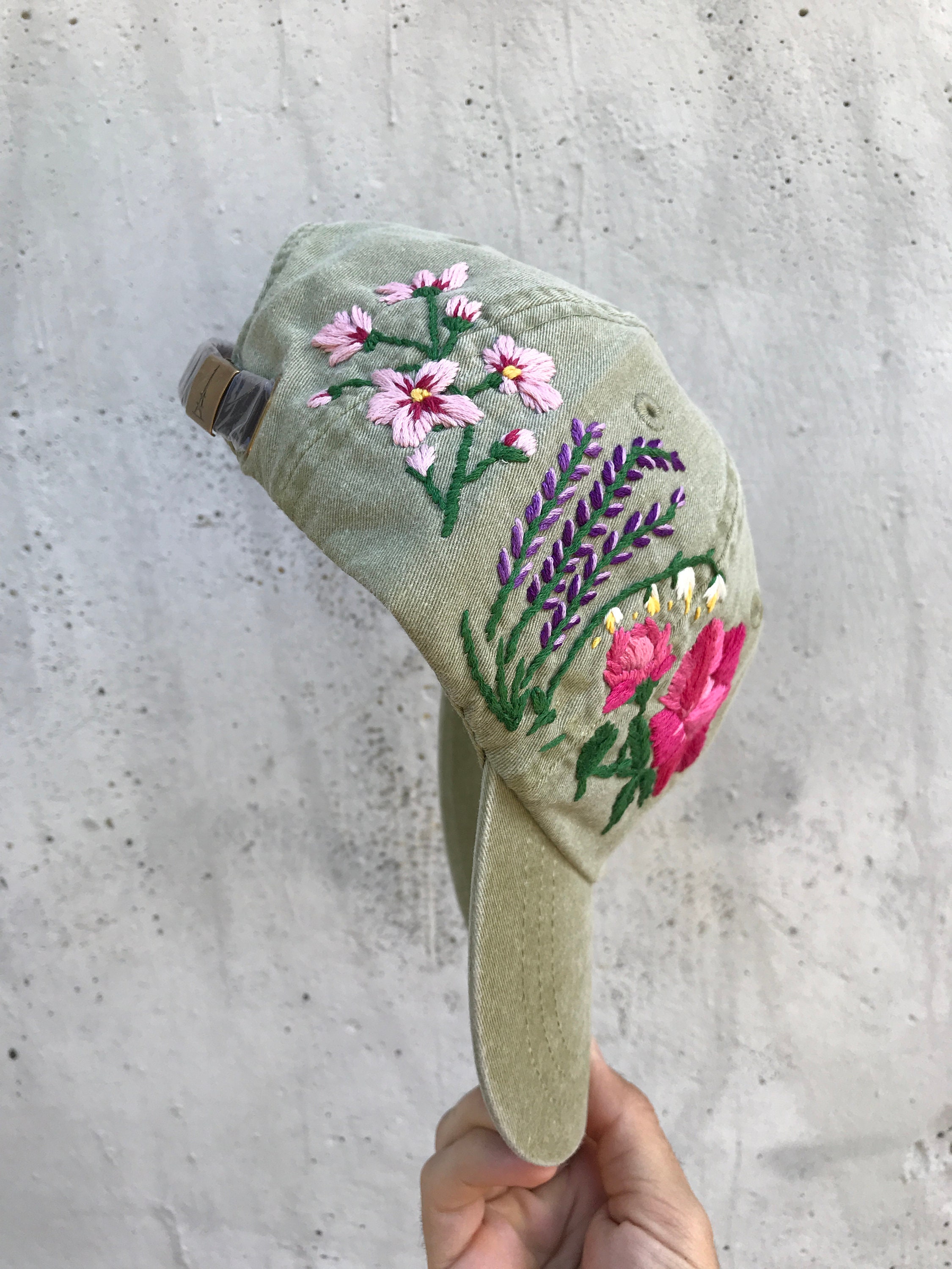 Custom Hand Stitched Hat Hand Embroidered Hat Floral Hat Colorful Hat Botanical Hat Embroidered Baseball Cap Washed Denim Hat