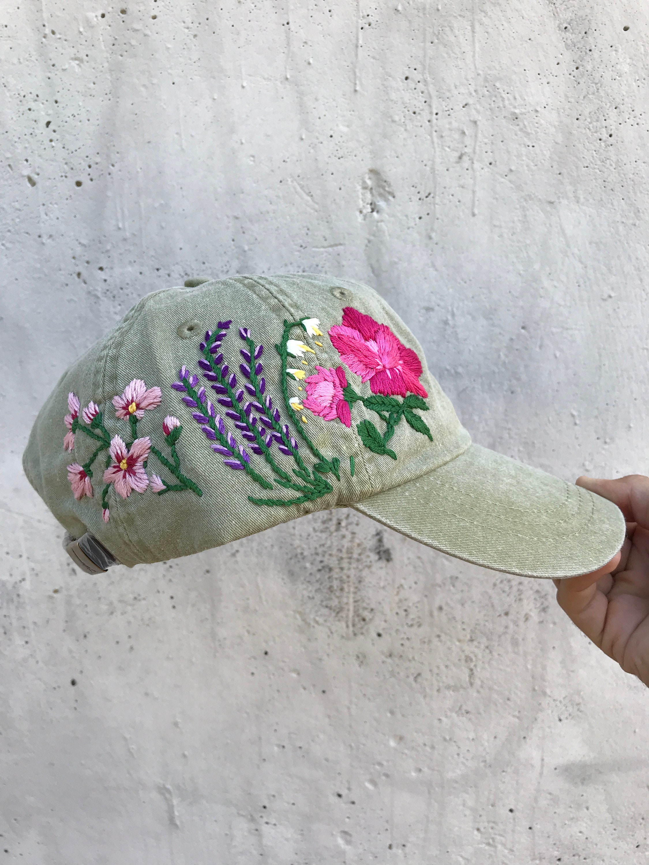 Custom Hand Stitched Hat Hand Embroidered Hat Floral Hat Colorful Hat Botanical Hat Embroidered Baseball Cap Washed Denim Hat