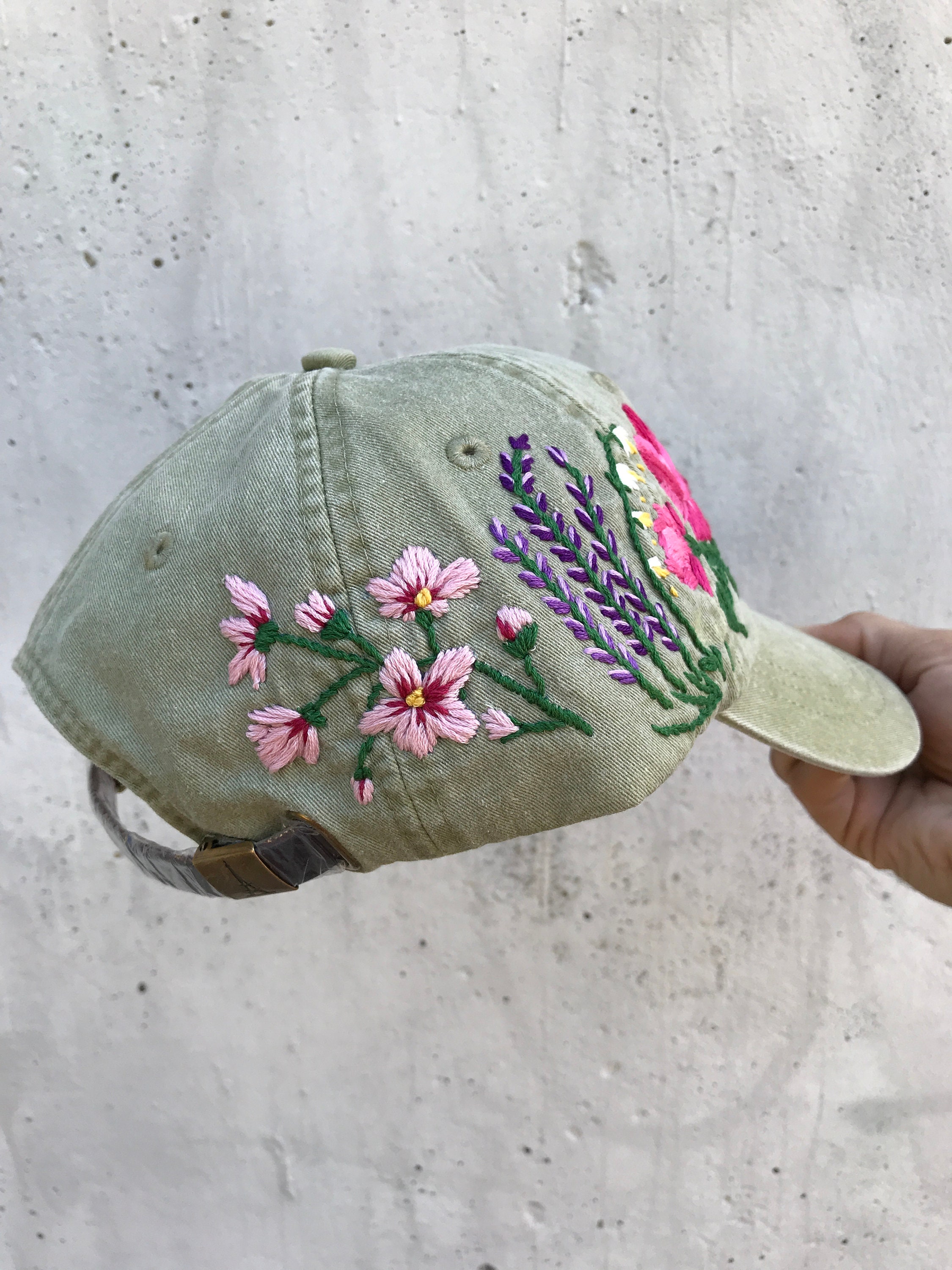 Custom Hand Stitched Hat Hand Embroidered Hat Floral Hat Colorful Hat Botanical Hat Embroidered Baseball Cap Washed Denim Hat