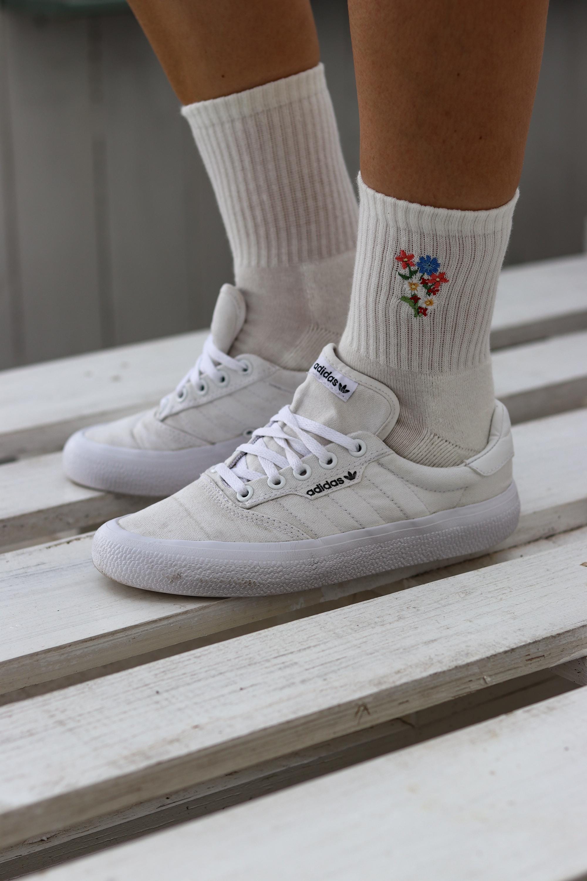 Socks With Flower Embroidery Embroidered Socks Tennis Socks Cotton