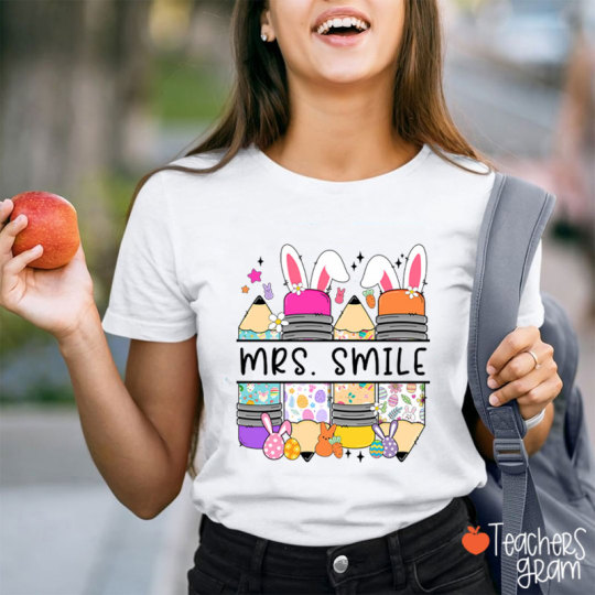 Personalized Name Bunny Pencil Teacher T-Shirt
