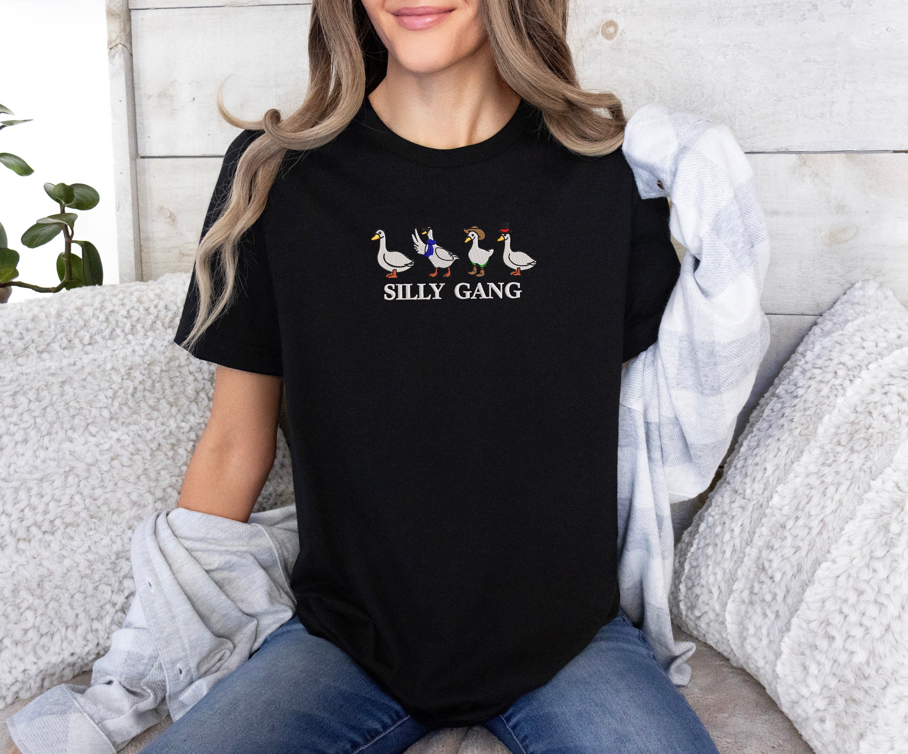 Embroidered Silly Gang Sweatshirts Goose Bumps Embroidery Crewneck Funny Sweatshirts Unisex Goose Embroidered Animal Crewneck