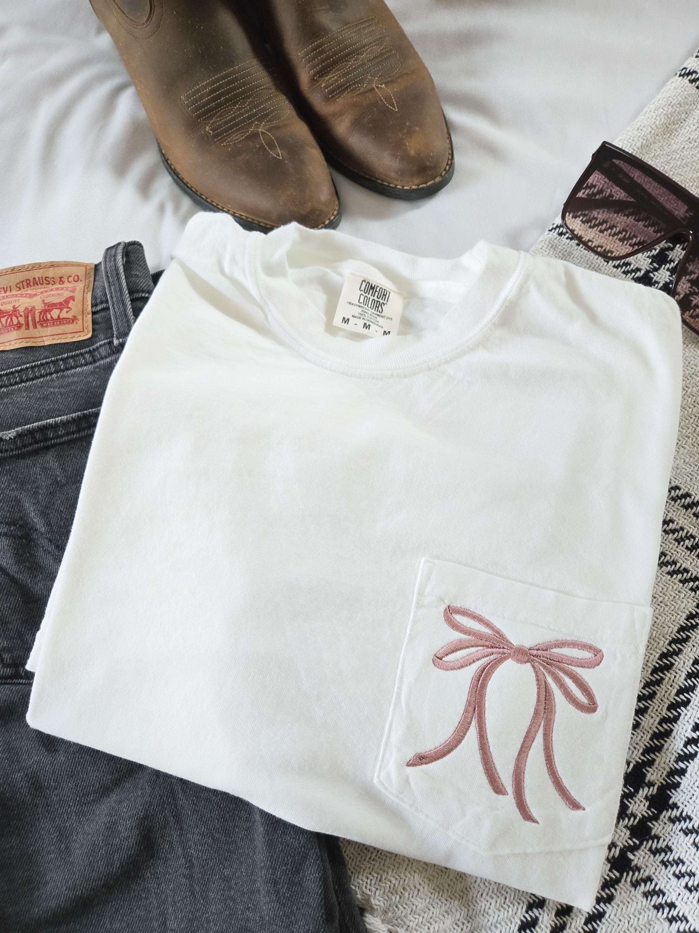 Embroidered Trendy Bow Comfort Colors T-shirt-coquette Aesethetic-bow Pocket-girly Tee-embroidered Clothes
