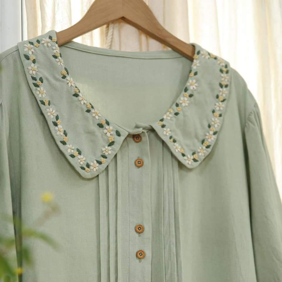 Custom Hand Embroidered Shirt For Women Mint Shirt Daisy Flower Embroidery Shirt Christmas Gifts Shirt Cute Shirt Floral Embroidered Collar