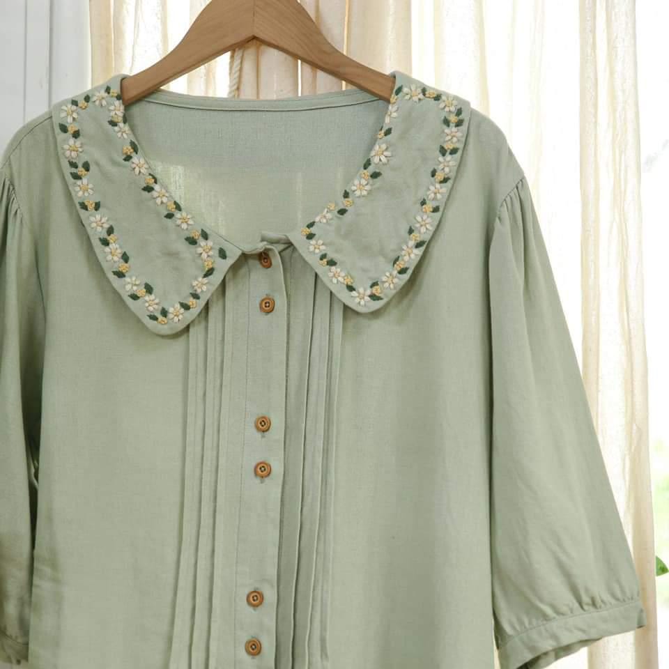 Custom Hand Embroidered Shirt For Women Mint Shirt Daisy Flower Embroidery Shirt Christmas Gifts Shirt Cute Shirt Floral Embroidered Collar