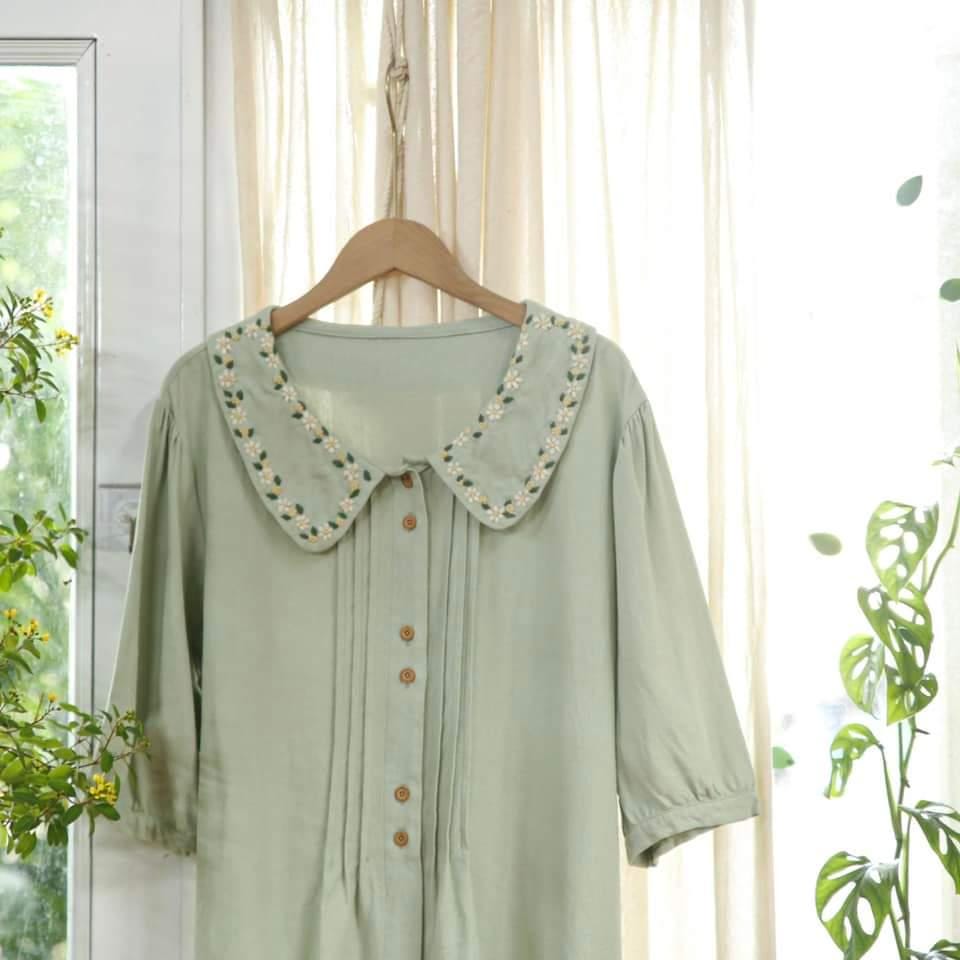 Custom Hand Embroidered Shirt For Women Mint Shirt Daisy Flower Embroidery Shirt Christmas Gifts Shirt Cute Shirt Floral Embroidered Collar