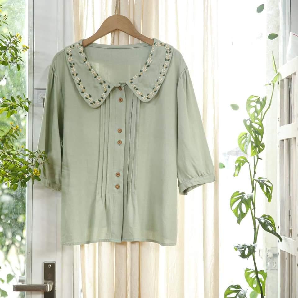 Custom Hand Embroidered Shirt For Women Mint Shirt Daisy Flower Embroidery Shirt Christmas Gifts Shirt Cute Shirt Floral Embroidered Collar