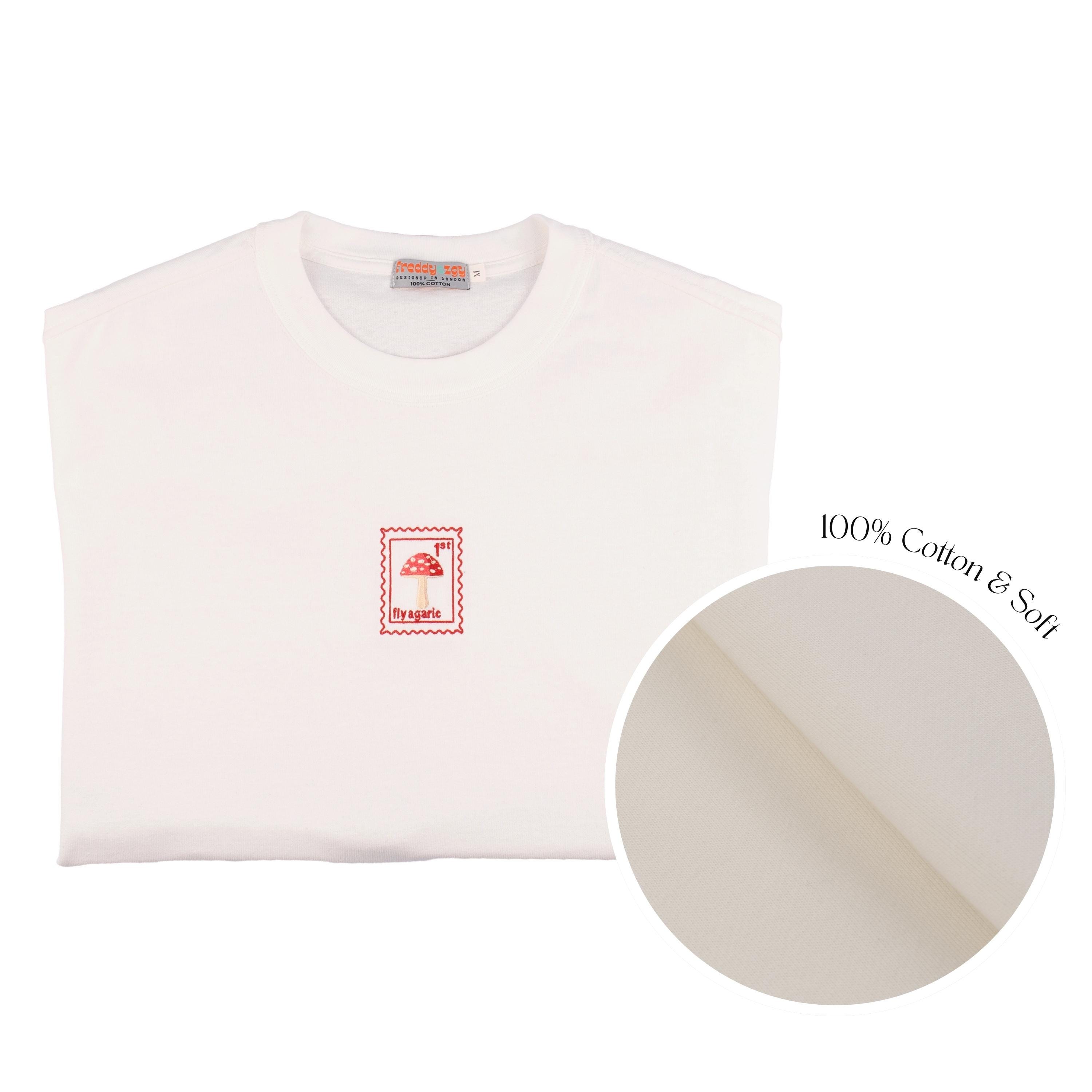 White Embroidered Fly Agaric Mushroom T-shirt 100% Cotton 300gsm Oversized Unisex T-shirt Minimal Embroidered Stamp Design Gift Idea