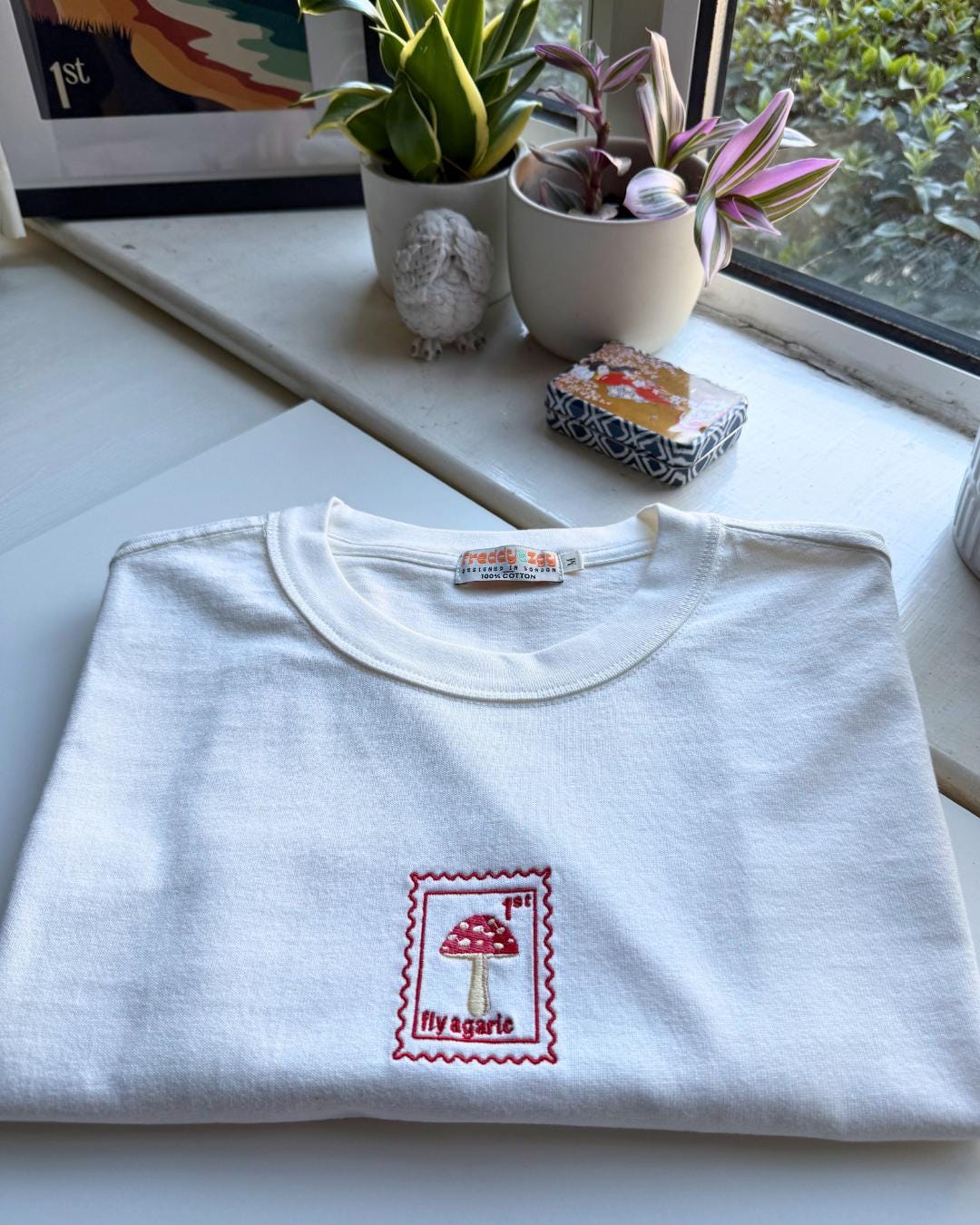 White Embroidered Fly Agaric Mushroom T-shirt 100% Cotton 300gsm Oversized Unisex T-shirt Minimal Embroidered Stamp Design Gift Idea