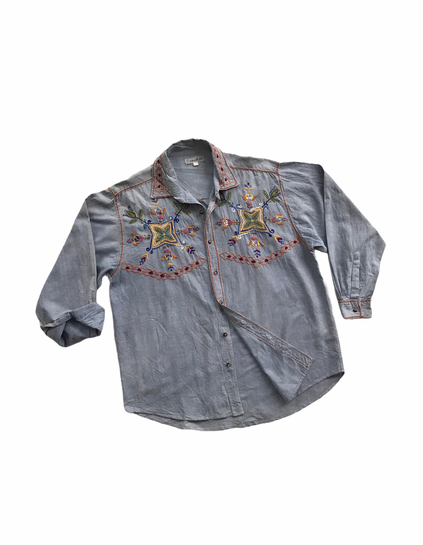 Men Vintage Chambray Top Blue Jeans Embroidered Bohemian Shirt Unique Rare Handcrafted Floral Outerwear Embroidery Top Classic Casual Outfit
