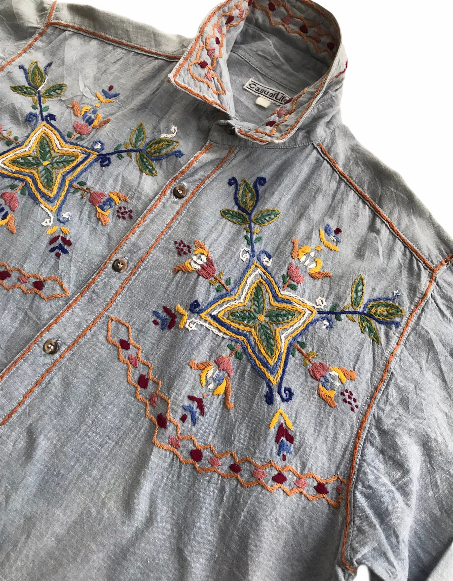 Men Vintage Chambray Top Blue Jeans Embroidered Bohemian Shirt Unique Rare Handcrafted Floral Outerwear Embroidery Top Classic Casual Outfit