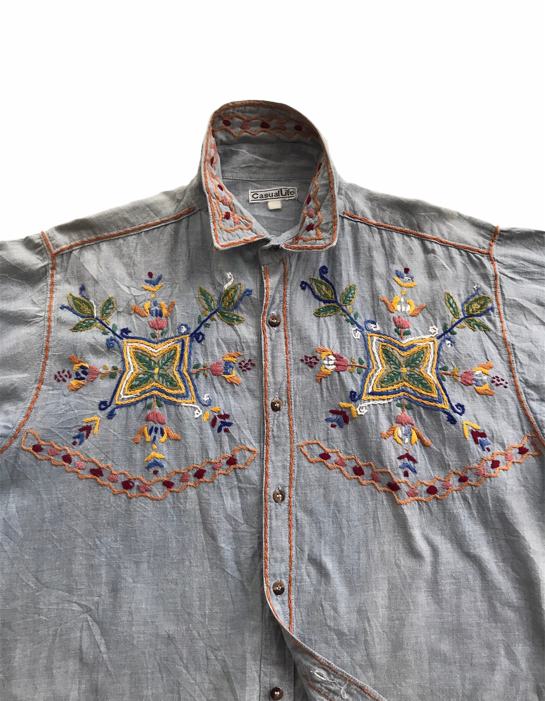 Men Vintage Chambray Top Blue Jeans Embroidered Bohemian Shirt Unique Rare Handcrafted Floral Outerwear Embroidery Top Classic Casual Outfit