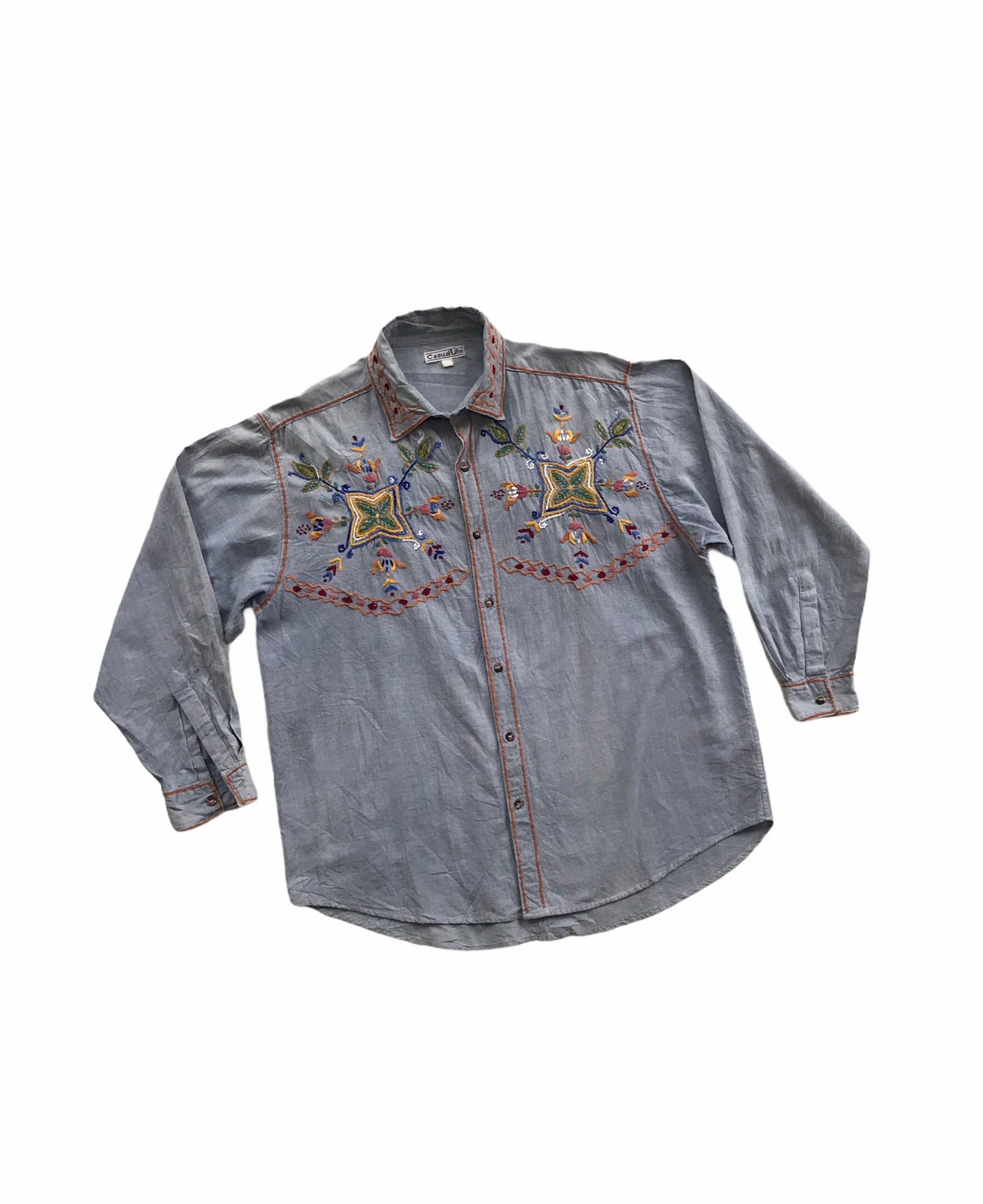Men Vintage Chambray Top Blue Jeans Embroidered Bohemian Shirt Unique Rare Handcrafted Floral Outerwear Embroidery Top Classic Casual Outfit