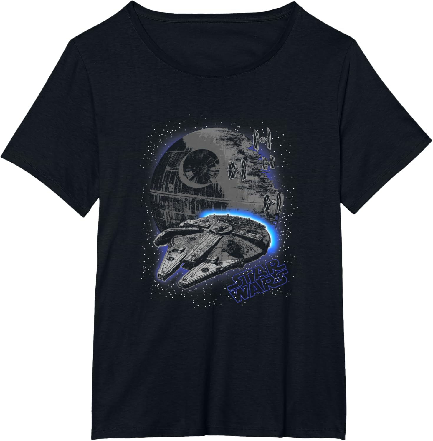Star Wars Classic Millennium Falcon Flying Over Death Star T-shirt
