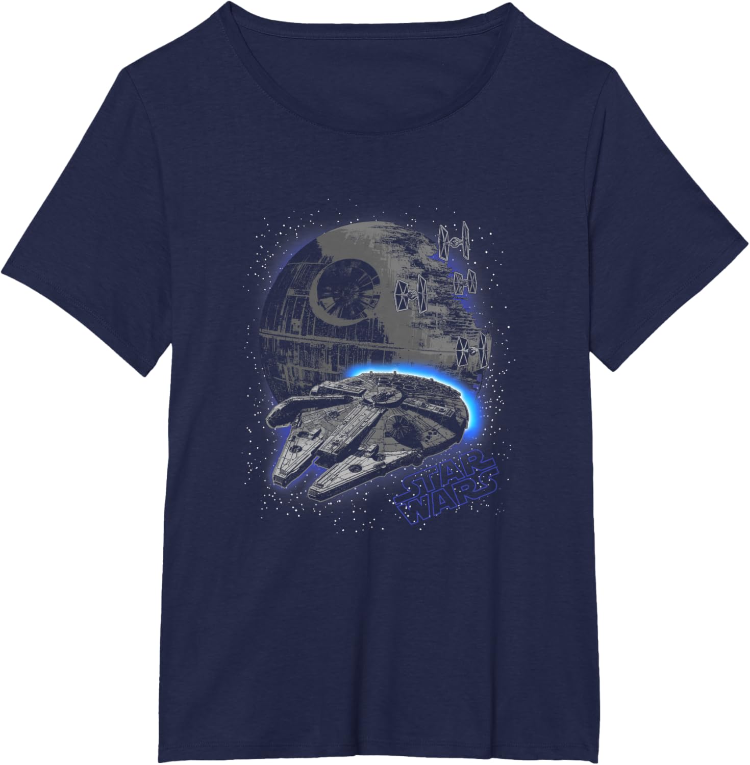 Star Wars Classic Millennium Falcon Flying Over Death Star T-shirt